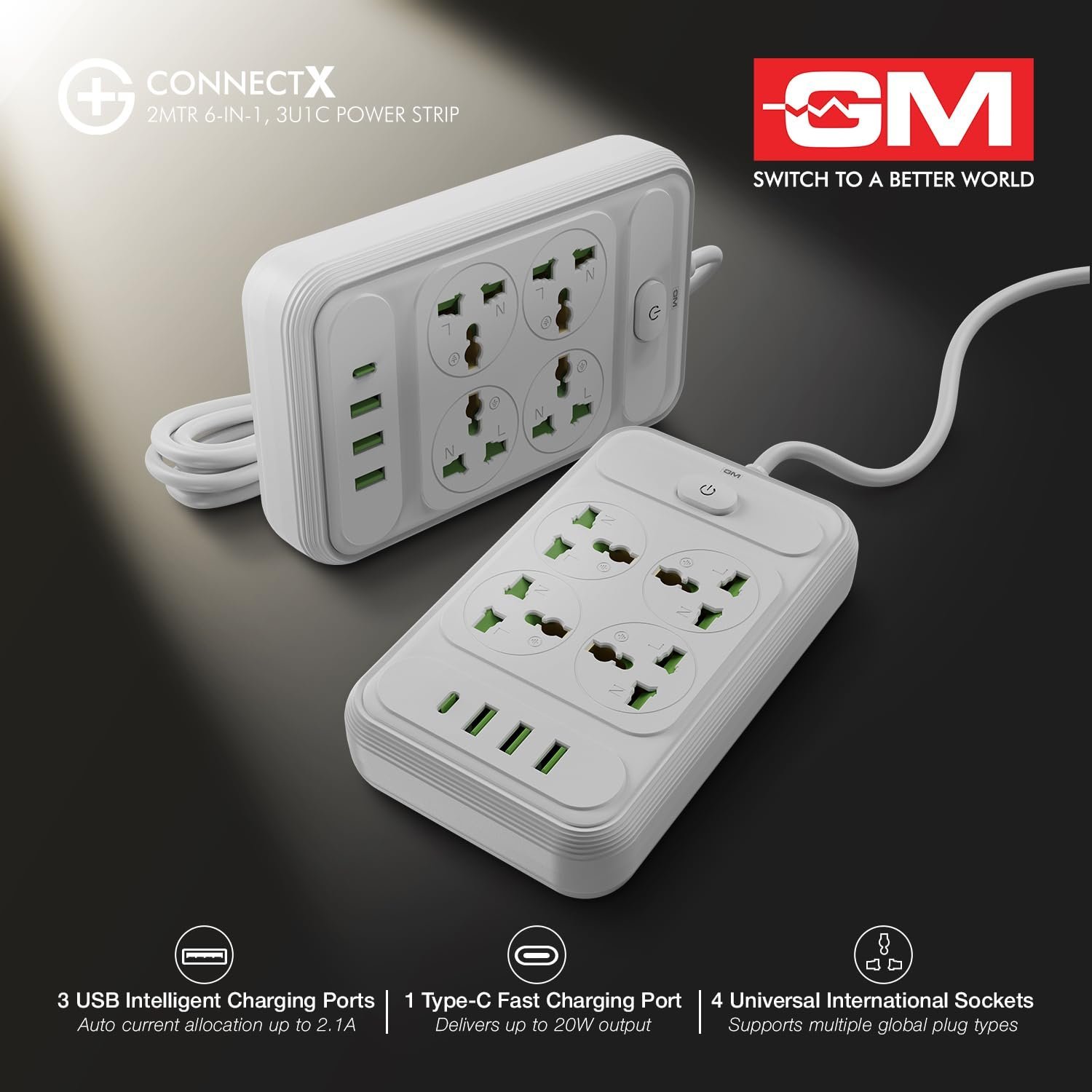 G+ ConnectX 6-in-1 Powerstrip with Type-C, 4 Universal Sockets, 3 USB, 2500W, 2M Cable, Master Switch, Surge Protection | Extension Board for Home & Office - Image 6