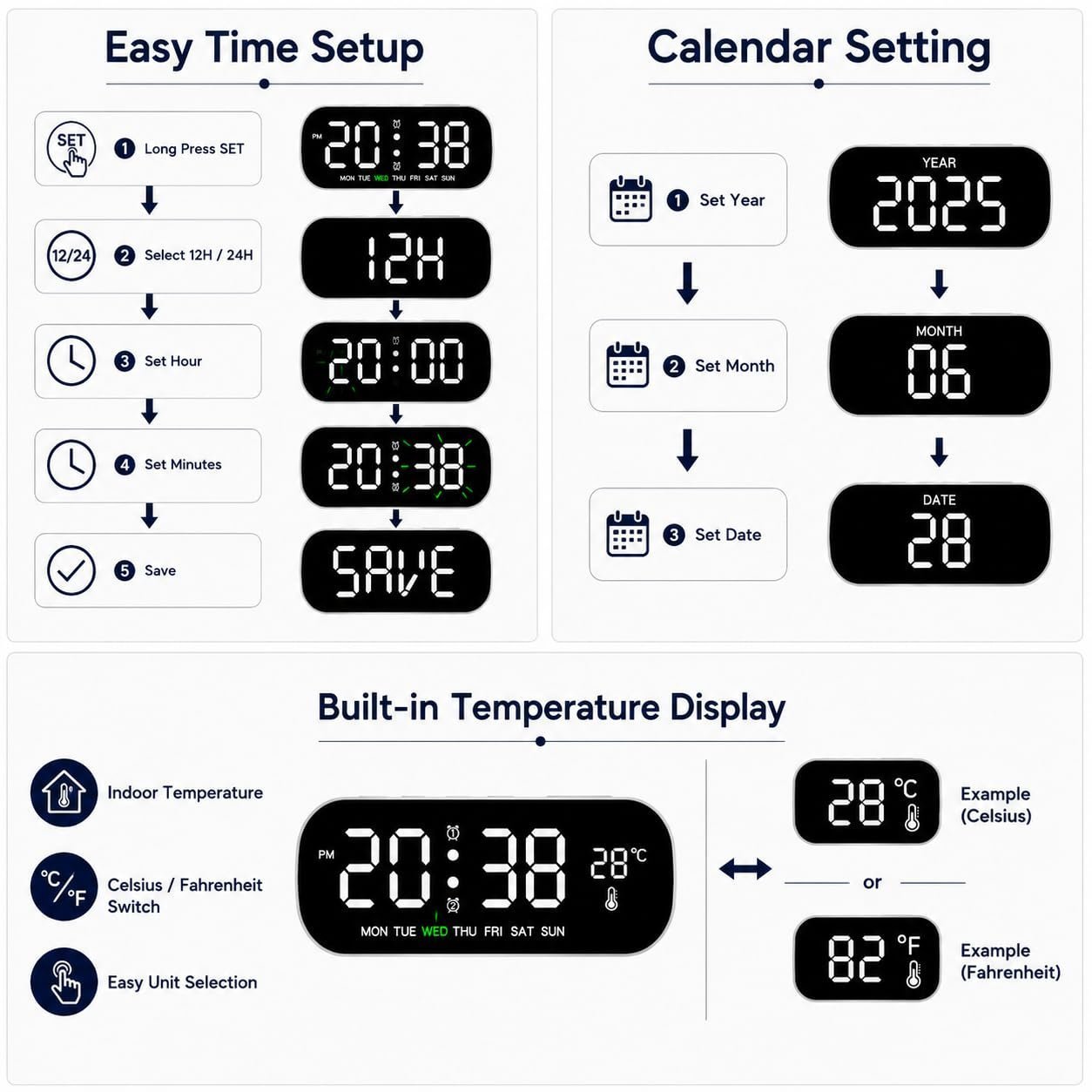 Digital LED Alarm Clock with1 Year Warranty Dual Alarm, Day & Time Display, Large LED Screen, 12/24 Hour Format, Snooze Function, Table Clock for Bedroom, Office, Students & Home Decor - Image 3