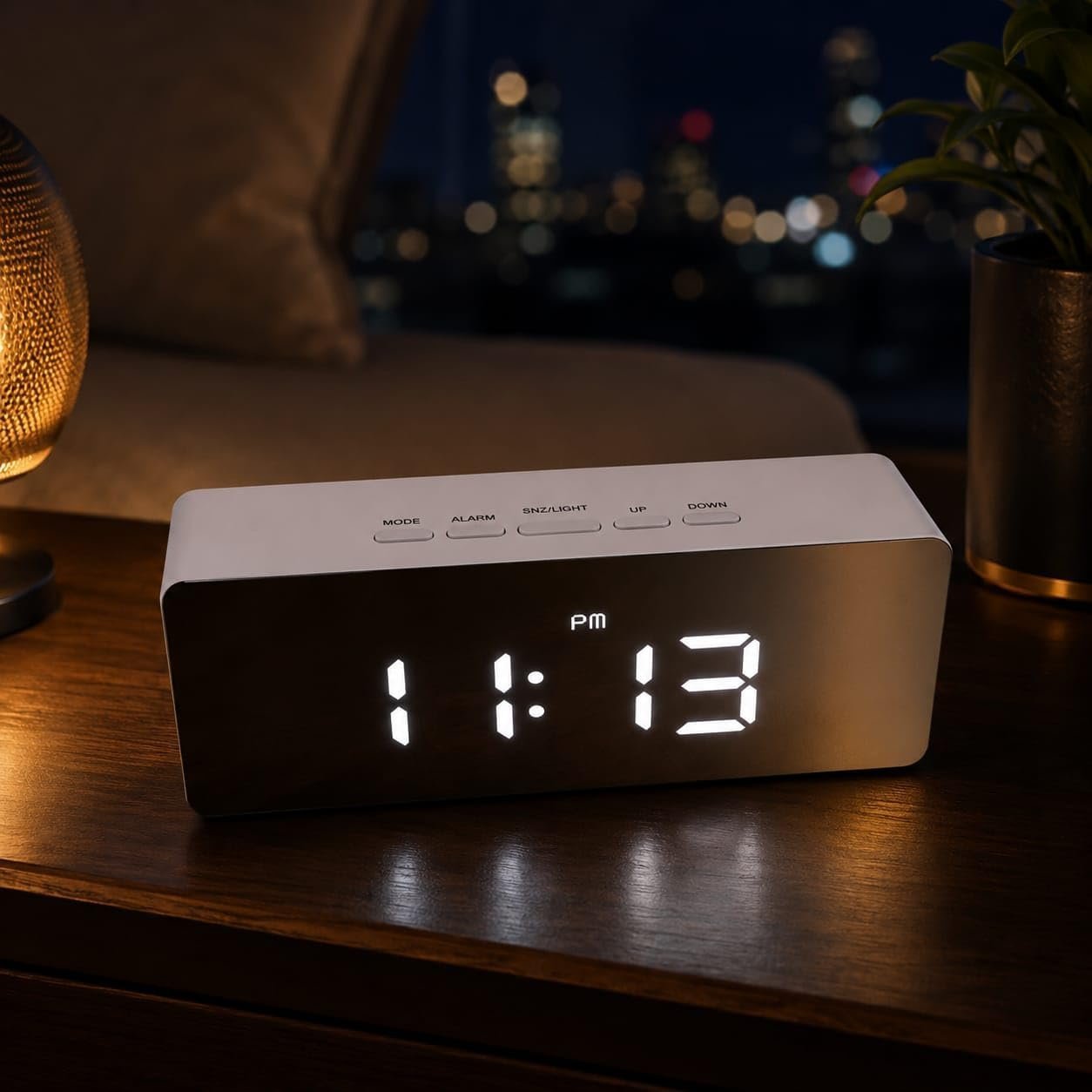 Digital Alarm Clock, LED Mirror Display, Pink, Snooze Function, Adjustable Brightness, USB or Battery Operated, Night Mode - Image 2