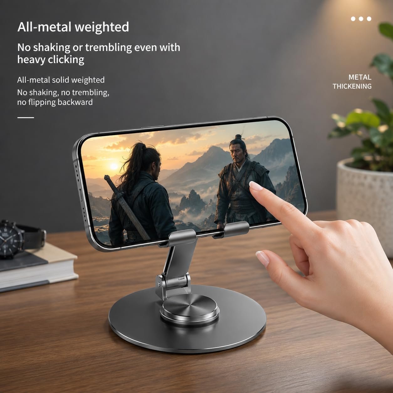 360 Degree Rotating Mobile Stand for Table Adjustable and Foldable Desk Phone Holder with Anti-Slip Base, Universal Phone Stand Compatible with All Smartphones - Image 4