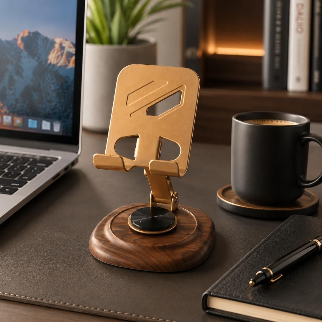 Origin State Luxury 360° Rotating Cell Phone Stand | Adjustable Walnut Wood & Aerospace-Grade Aluminum Desktop Smartphone Holder | Foldable Cradle for Smartphones & Tablets - Image 7