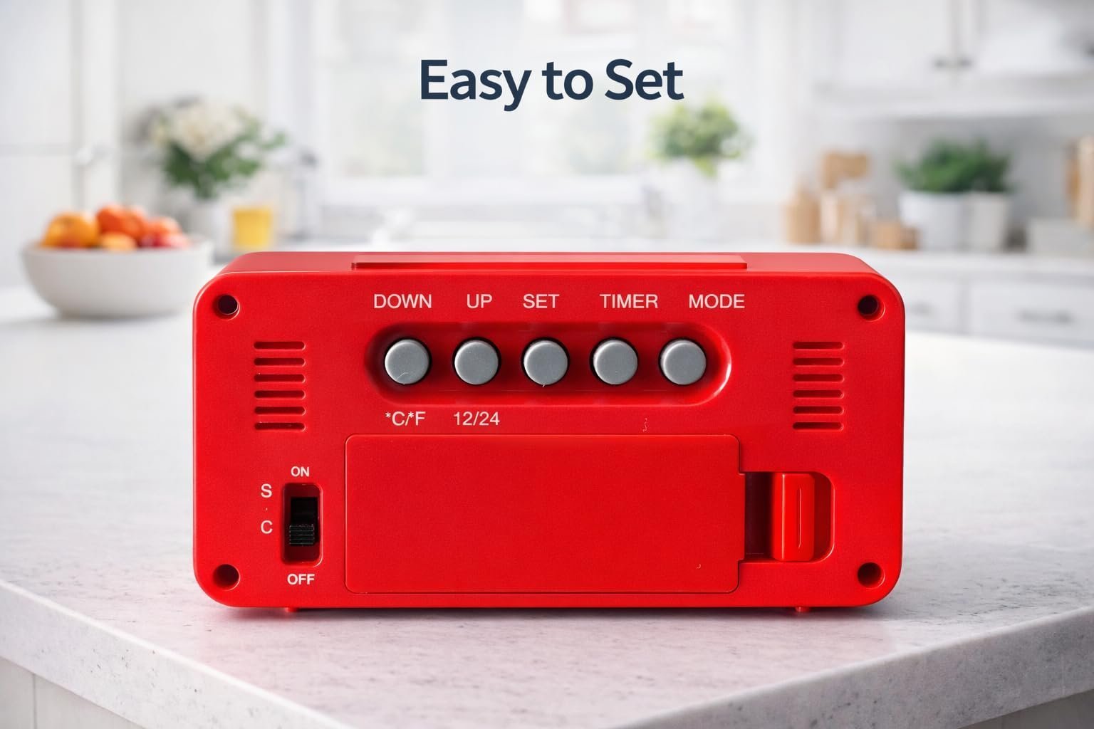 Small Portable Red LCD Digital Alarm Clock with Voice Control Back-Light, Temperature Monitor, Calendar, Musical Alarm, Battery Operated for Home, Office, Study Desk & Kitchen - Image 7