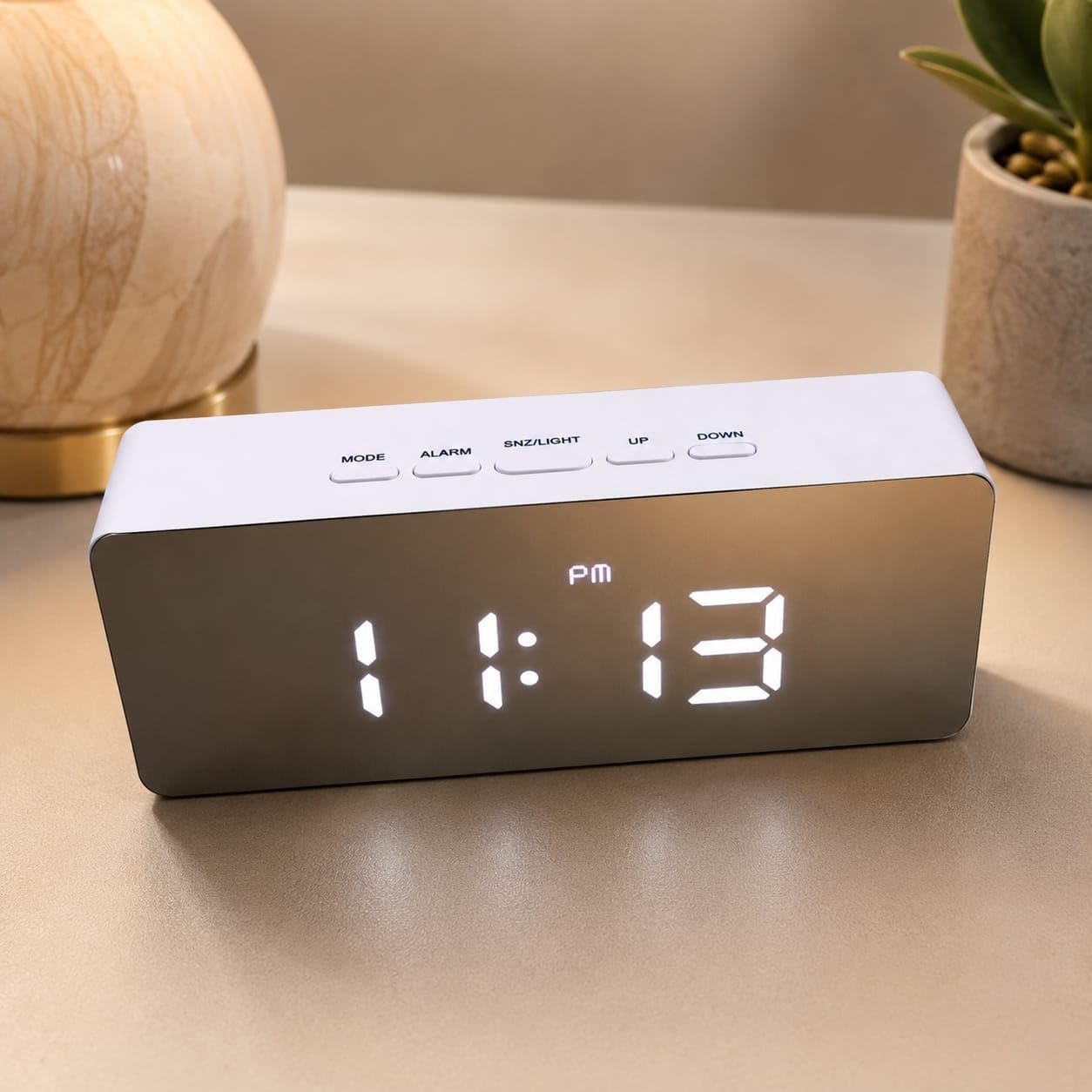 Digital Alarm Clock, LED Mirror Display, Pink, Snooze Function, Adjustable Brightness, USB or Battery Operated, Night Mode