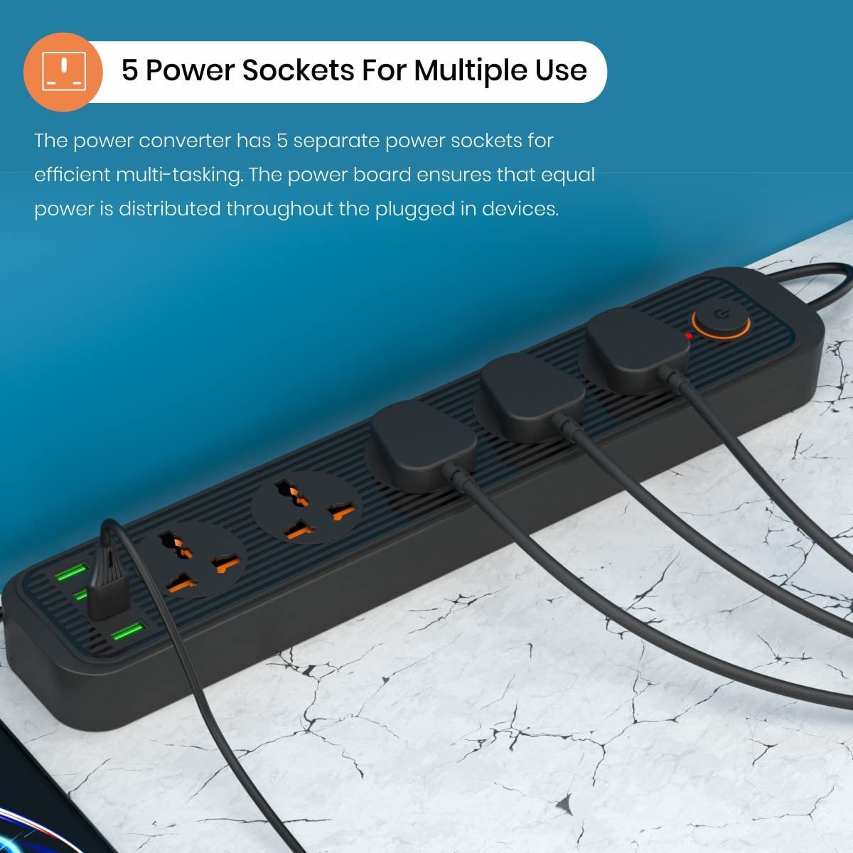 Power Plate 6 with 4 USB Port + 5 Power Sockets Extension Board, 2500W Power Converter, Cord Length 2Mtr (Black) - Image 3