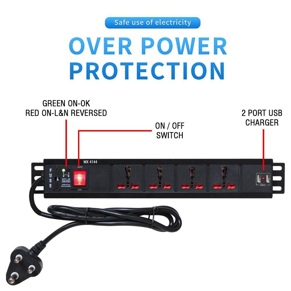 4 Socket Surge Protector (16A) with 2 USB Ports (2.1A) – Child Safety Shutters, Overload Protection, 3m Heavy-Duty Cord – Universal Extension Board for High-Load Appliances - Image 2