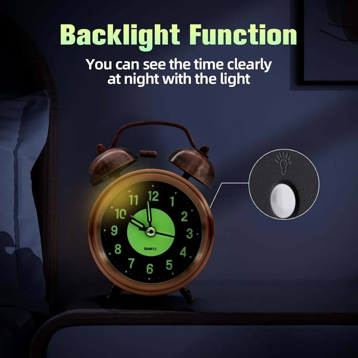 ® Super Loud Alarm Clock for Heavy Sleepers Adults,Twin Bell Retro 4 Inch Silent Non-Ticking Quartz with Backlight, Luminous dial, Alarm Clocks for Bedroom/Office Bedside (Copper) - Image 3