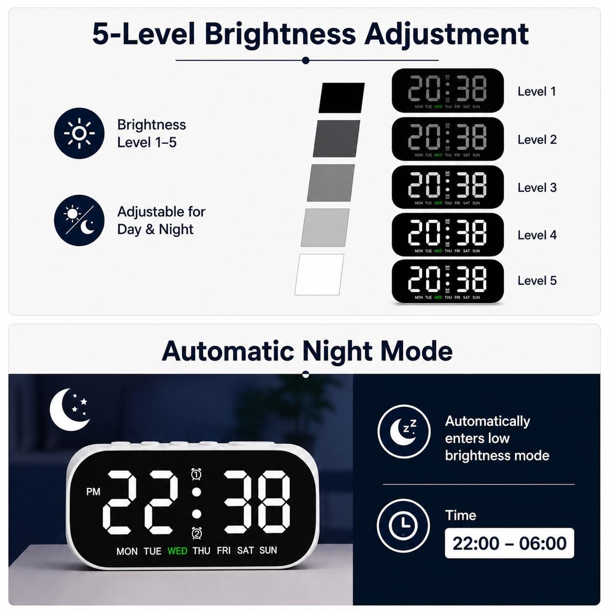 Digital LED Alarm Clock with1 Year Warranty Dual Alarm, Day & Time Display, Large LED Screen, 12/24 Hour Format, Snooze Function, Table Clock for Bedroom, Office, Students & Home Decor - Image 6