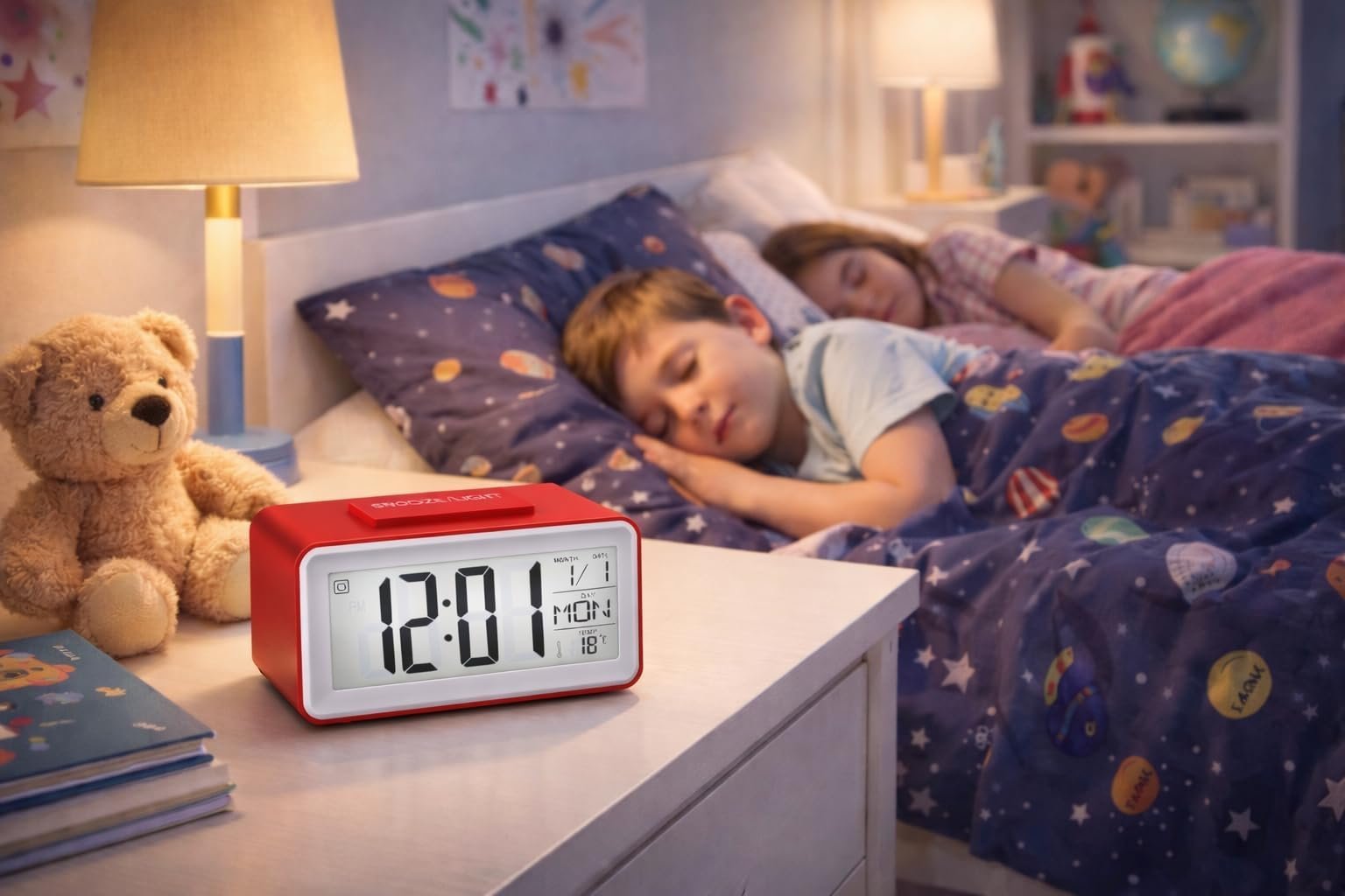 Small Portable Red LCD Digital Alarm Clock with Voice Control Back-Light, Temperature Monitor, Calendar, Musical Alarm, Battery Operated for Home, Office, Study Desk & Kitchen - Image 5