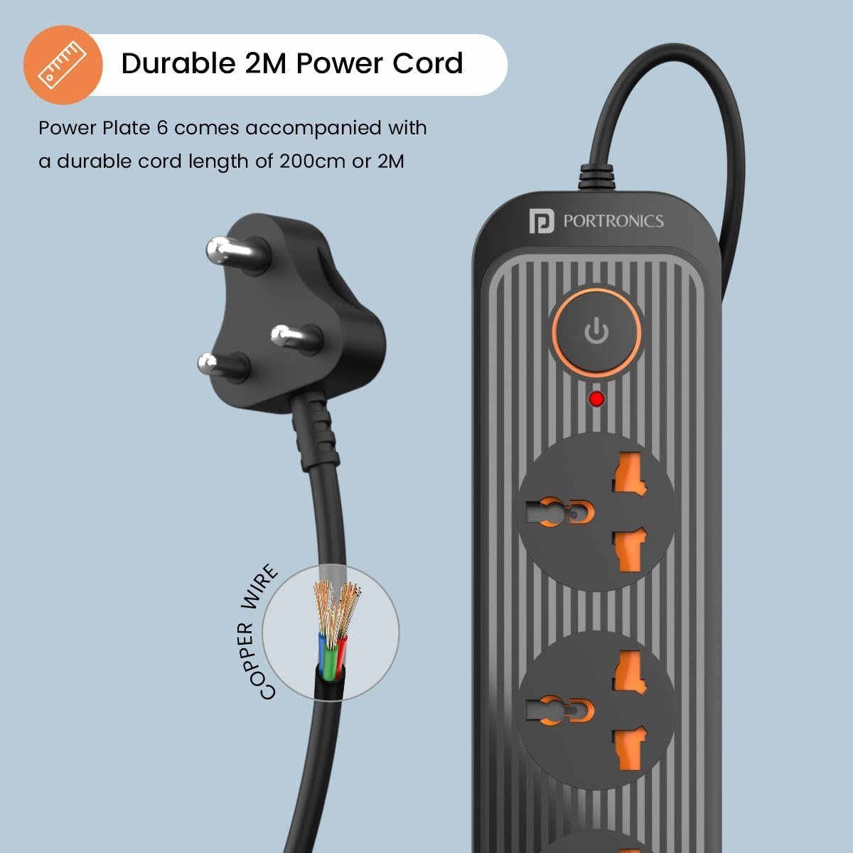 Power Plate 6 with 4 USB Port + 5 Power Sockets Extension Board, 2500W Power Converter, Cord Length 2Mtr (Black) - Image 2