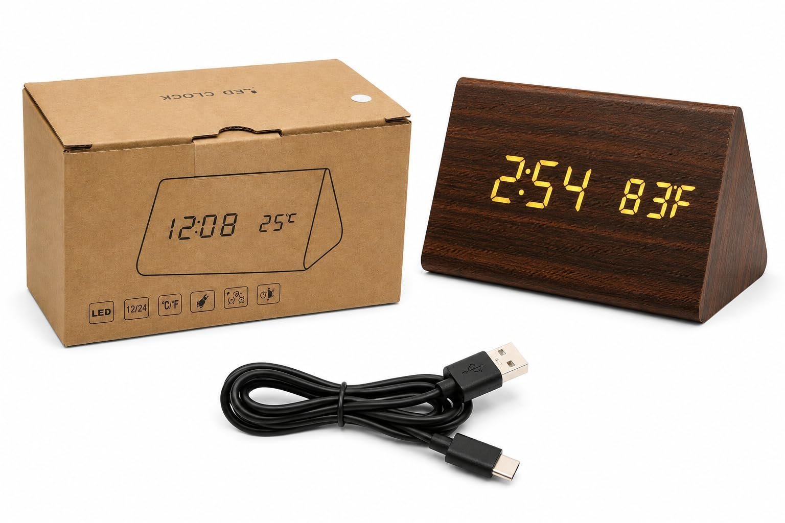 Triangle Digital Alarm Clock with Wooden LED Display, 3 Alarm Settings, Time Date & Temperature, Electronic Bedside Clock for Bedroom, Office & Desk, Brown - Image 7