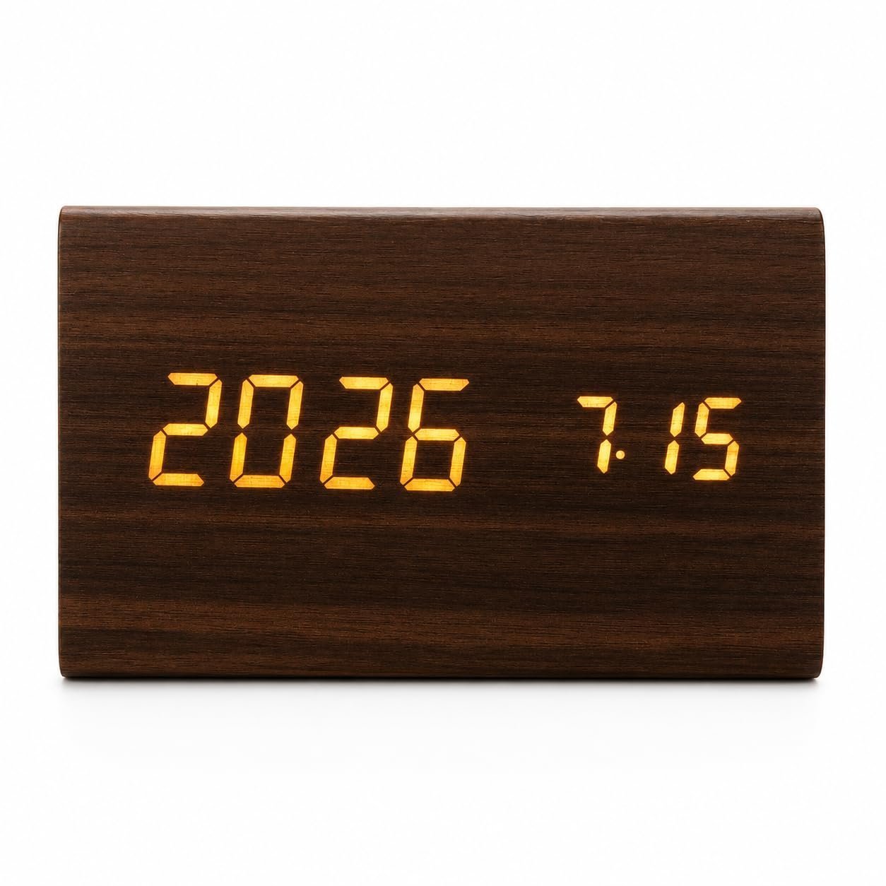 Triangle Digital Alarm Clock with Wooden LED Display, 3 Alarm Settings, Time Date & Temperature, Electronic Bedside Clock for Bedroom, Office & Desk, Brown - Image 6