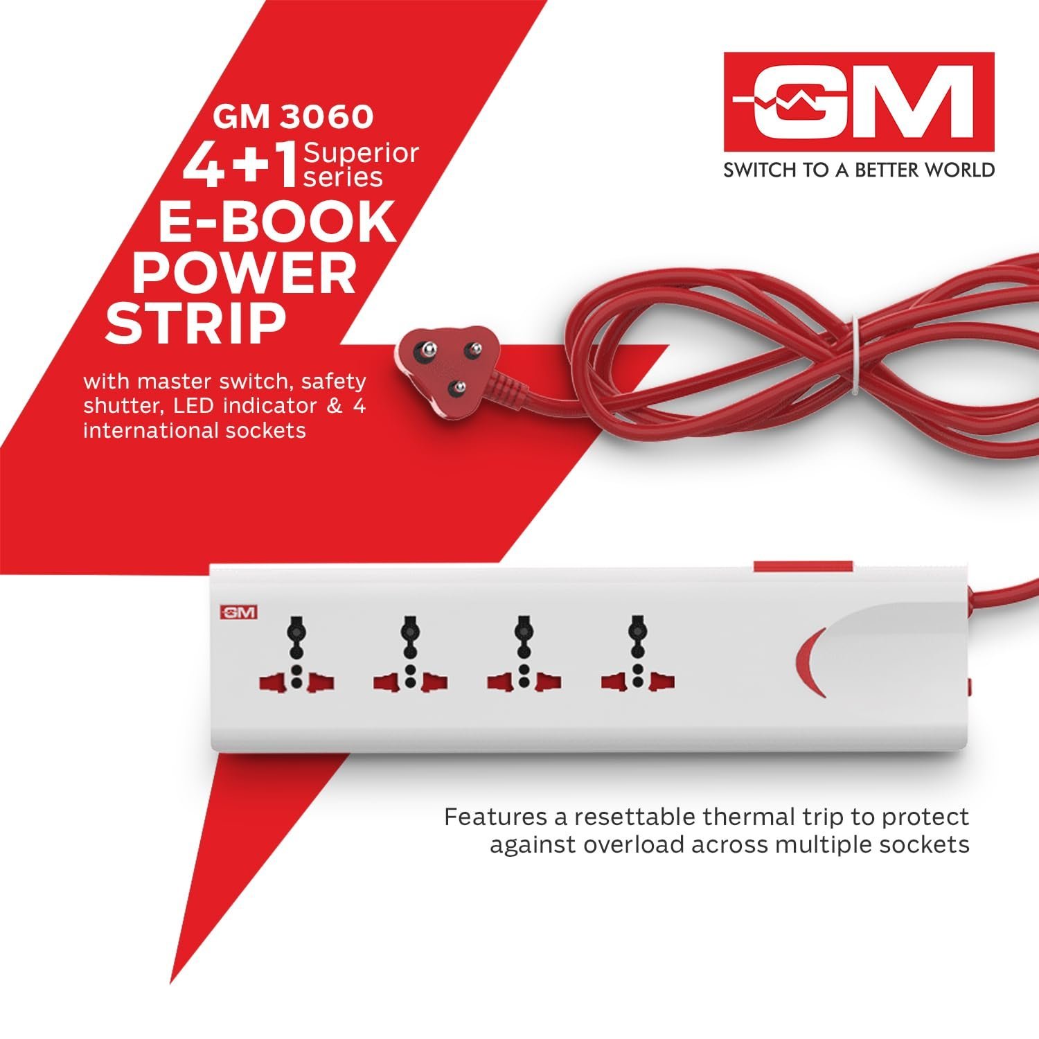 3060 Extension Board 10Amp Output 250 Volts with 2 Mtr Extension Cord & Surge Protector | Master Switch, Safety Shutter, 4 International Sockets | Multi Plug Travel Adapter for Home Appliances - Image 4