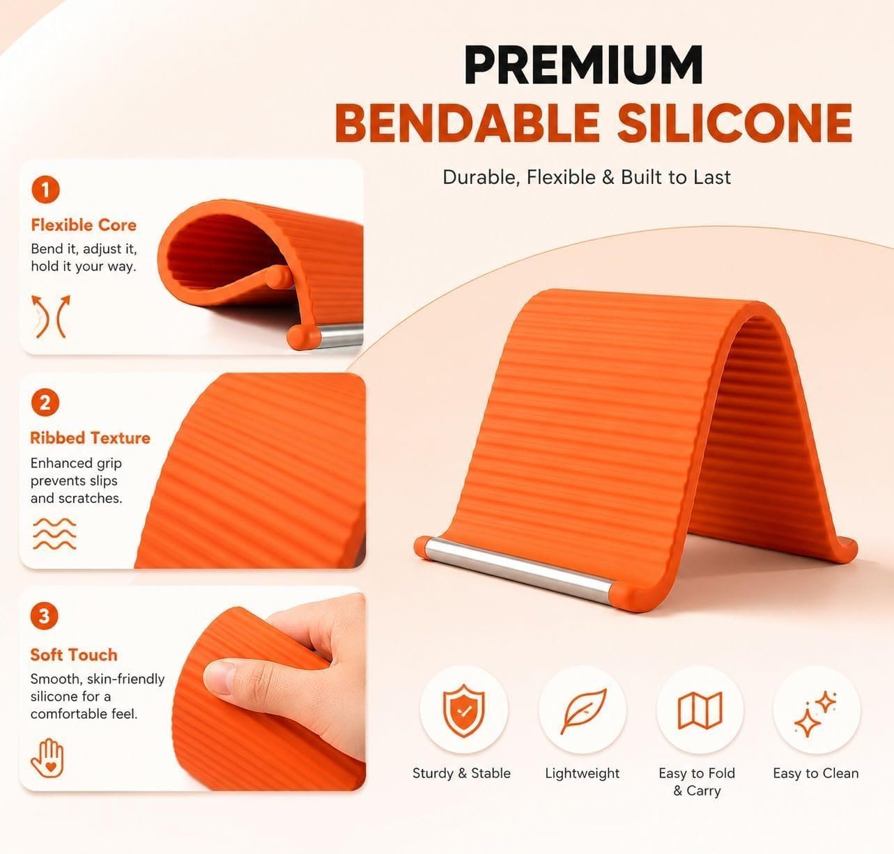 Foldable Silicone Phone Stand, Flexible Adjustable Desktop Holder, Anti-Slip Mount for Home Office Travel, Orange, L2 - Image 4