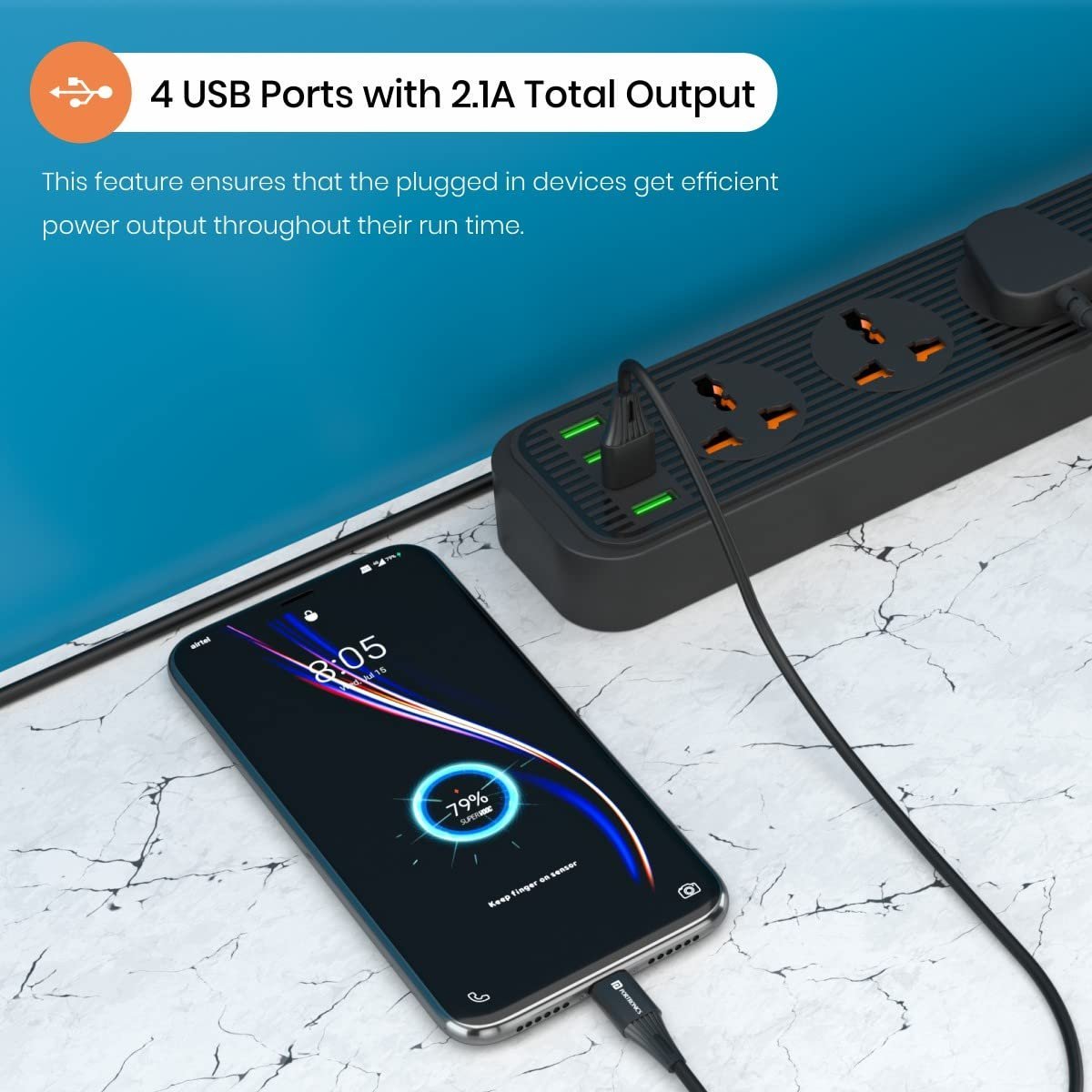 Power Plate 6 with 4 USB Port + 5 Power Sockets Extension Board, 2500W Power Converter, Cord Length 2Mtr (Black) - Image 4