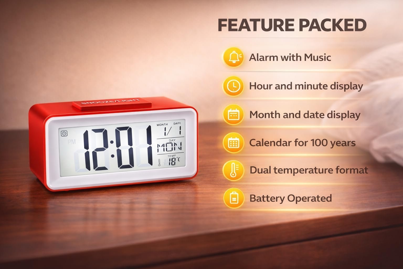 Small Portable Red LCD Digital Alarm Clock with Voice Control Back-Light, Temperature Monitor, Calendar, Musical Alarm, Battery Operated for Home, Office, Study Desk & Kitchen - Image 4