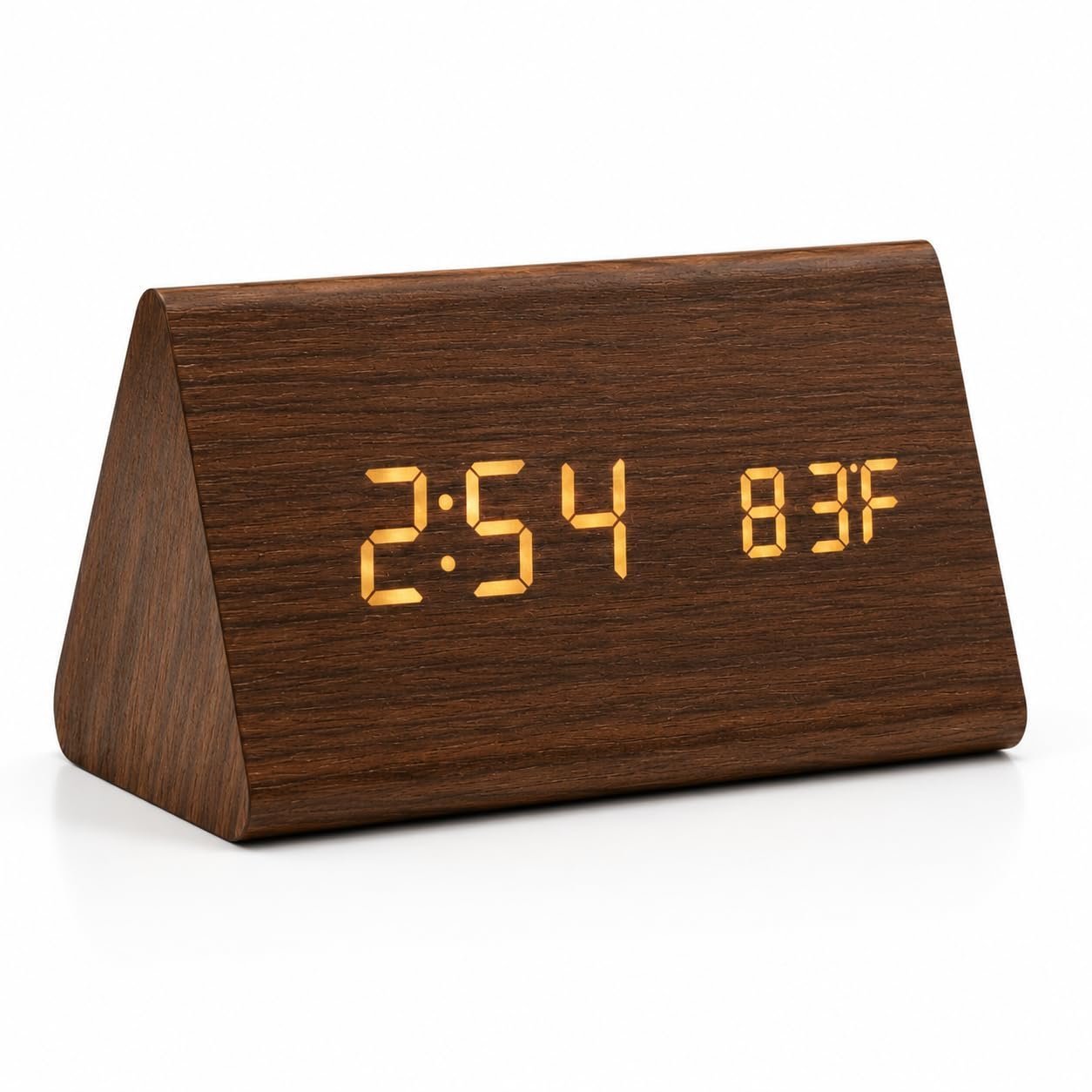 Triangle Digital Alarm Clock with Wooden LED Display, 3 Alarm Settings, Time Date & Temperature, Electronic Bedside Clock for Bedroom, Office & Desk, Brown