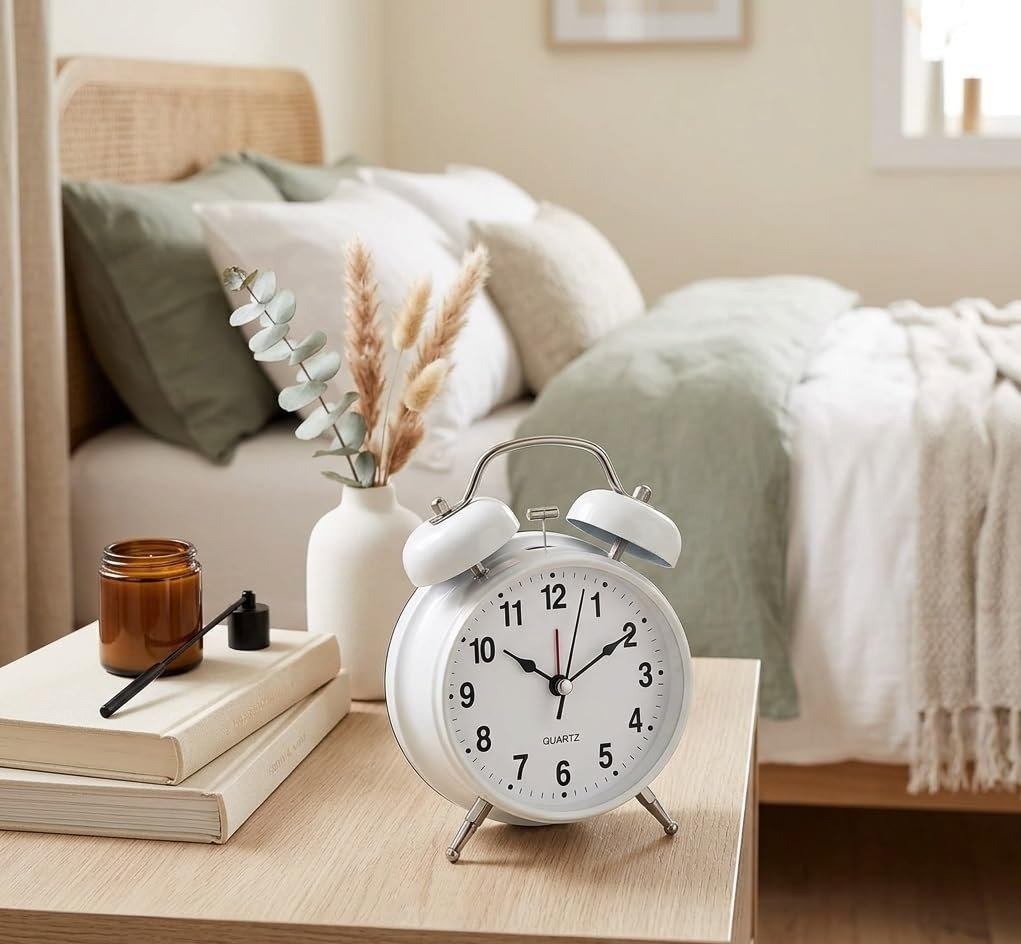 Vintage Twin Bell Alarm Clock with Night Light Loud Alarm Silent Non Ticking Quartz Movement Battery Operated Retro Desk Table Clock for Bedroom Home Office (Midnight White) - Image 6