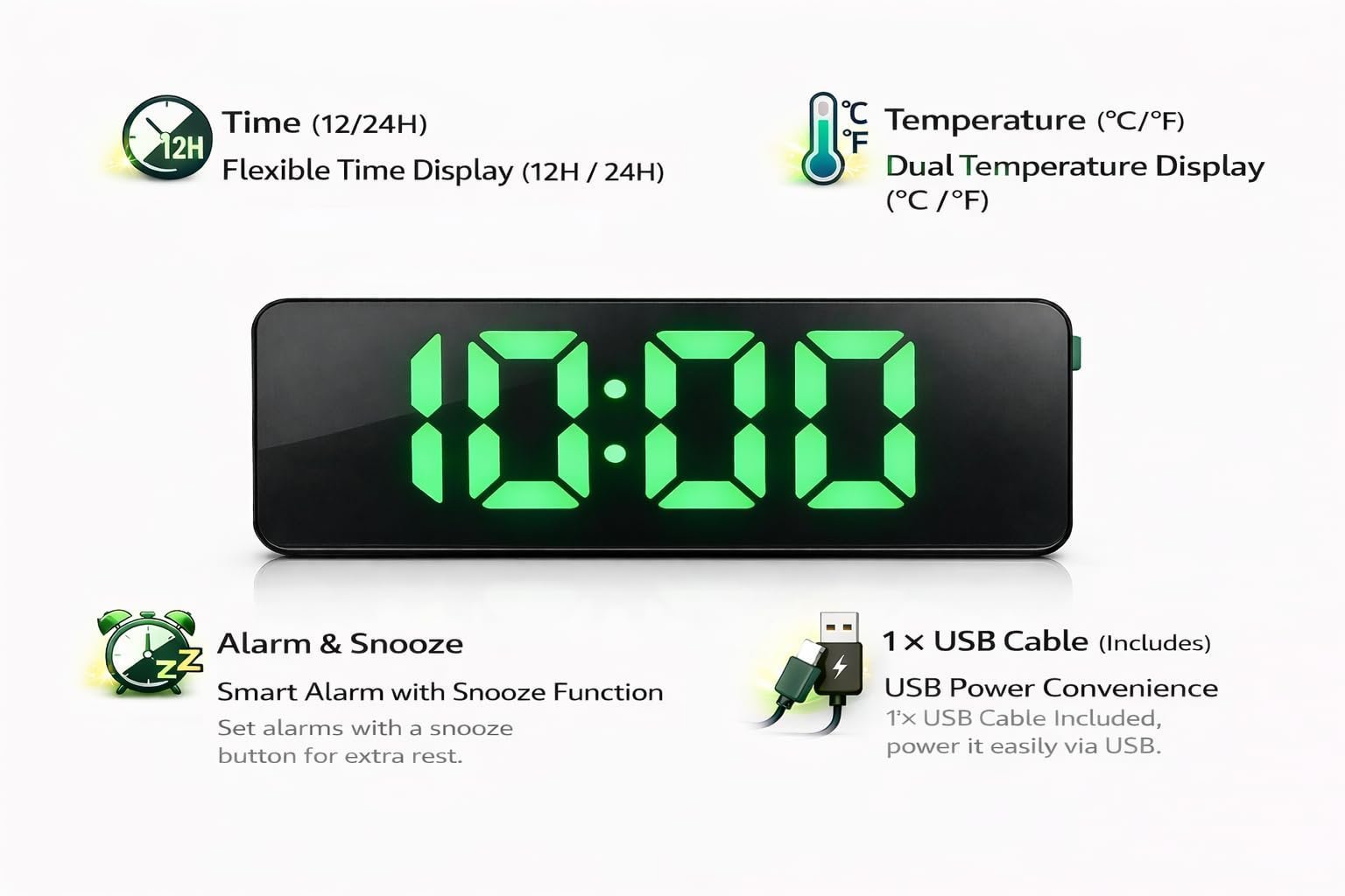 Mirror Surfaced Black LED Alarm Clock with Big Green Digital Numbers, Temperature Display, USB Cable, Snooze Function, Dual Time Format for Home and Office - Image 2
