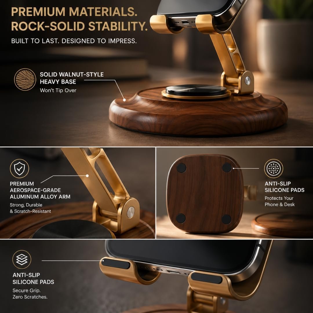 Origin State Luxury 360° Rotating Cell Phone Stand | Adjustable Walnut Wood & Aerospace-Grade Aluminum Desktop Smartphone Holder | Foldable Cradle for Smartphones & Tablets - Image 4