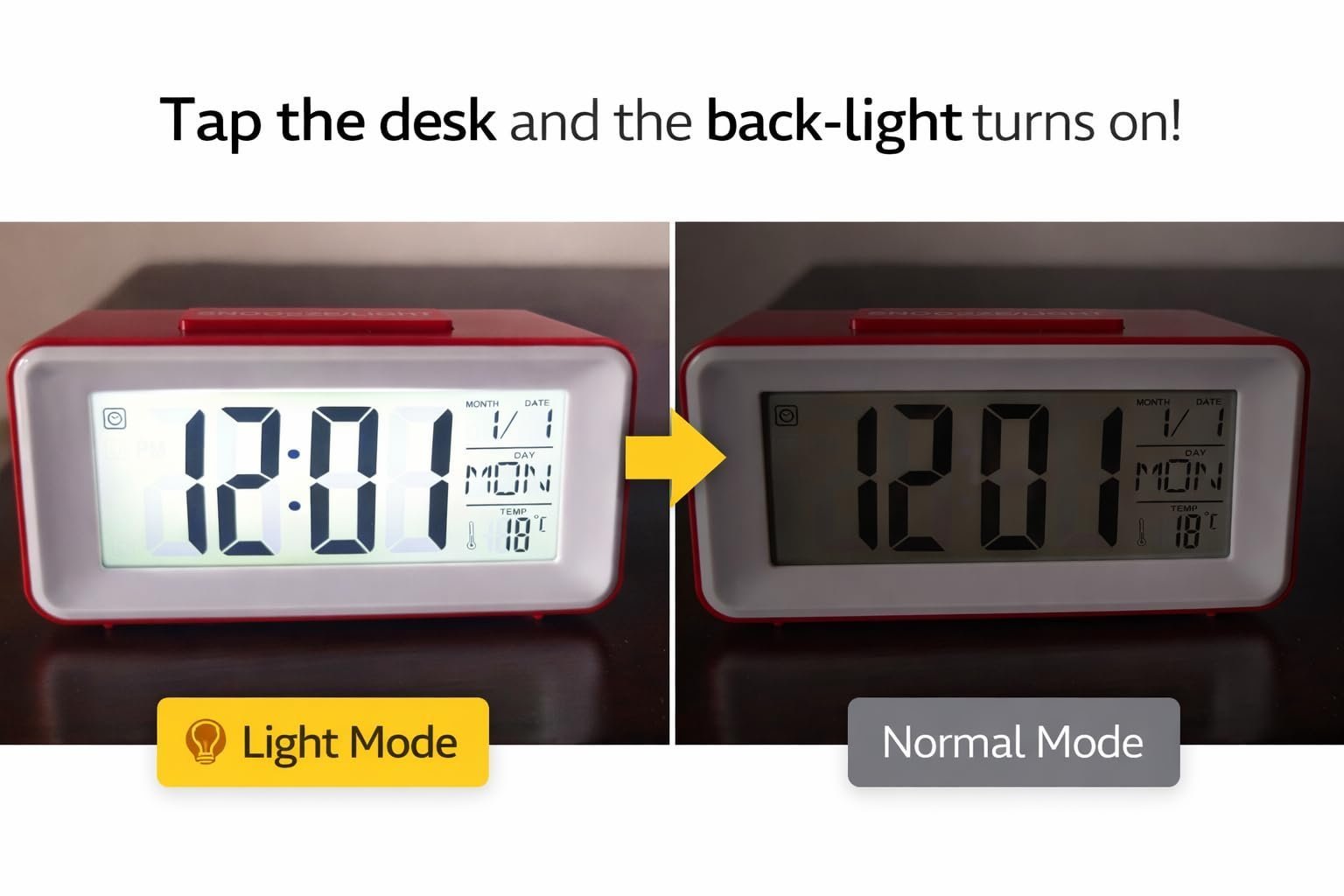 Small Portable Red LCD Digital Alarm Clock with Voice Control Back-Light, Temperature Monitor, Calendar, Musical Alarm, Battery Operated for Home, Office, Study Desk & Kitchen - Image 2