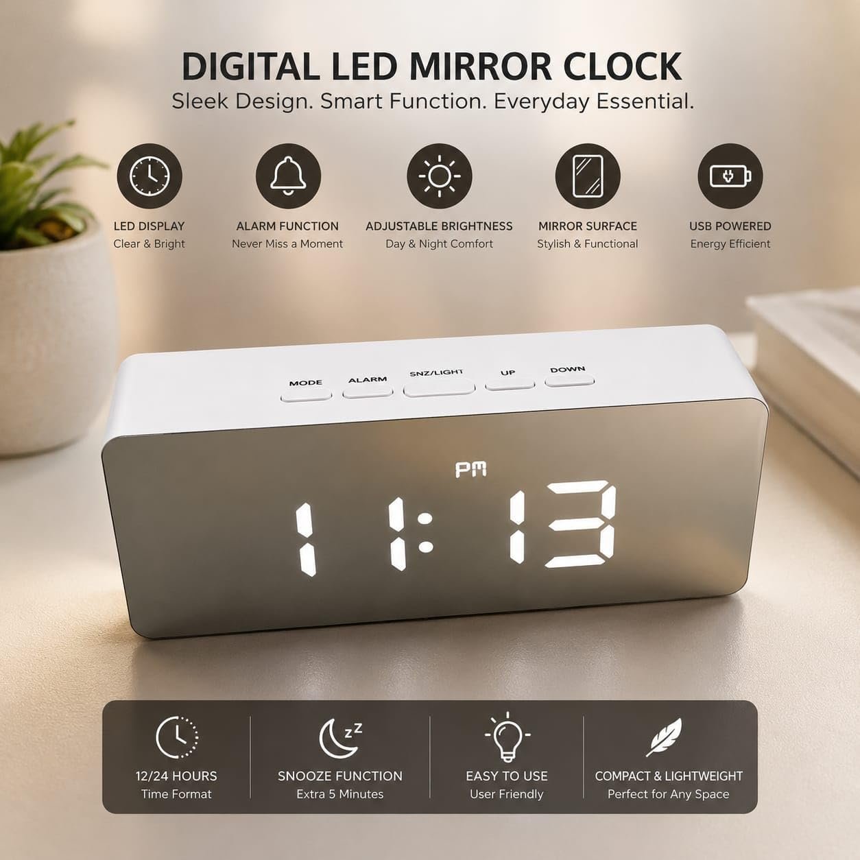 Digital Alarm Clock, LED Mirror Display, Pink, Snooze Function, Adjustable Brightness, USB or Battery Operated, Night Mode - Image 3