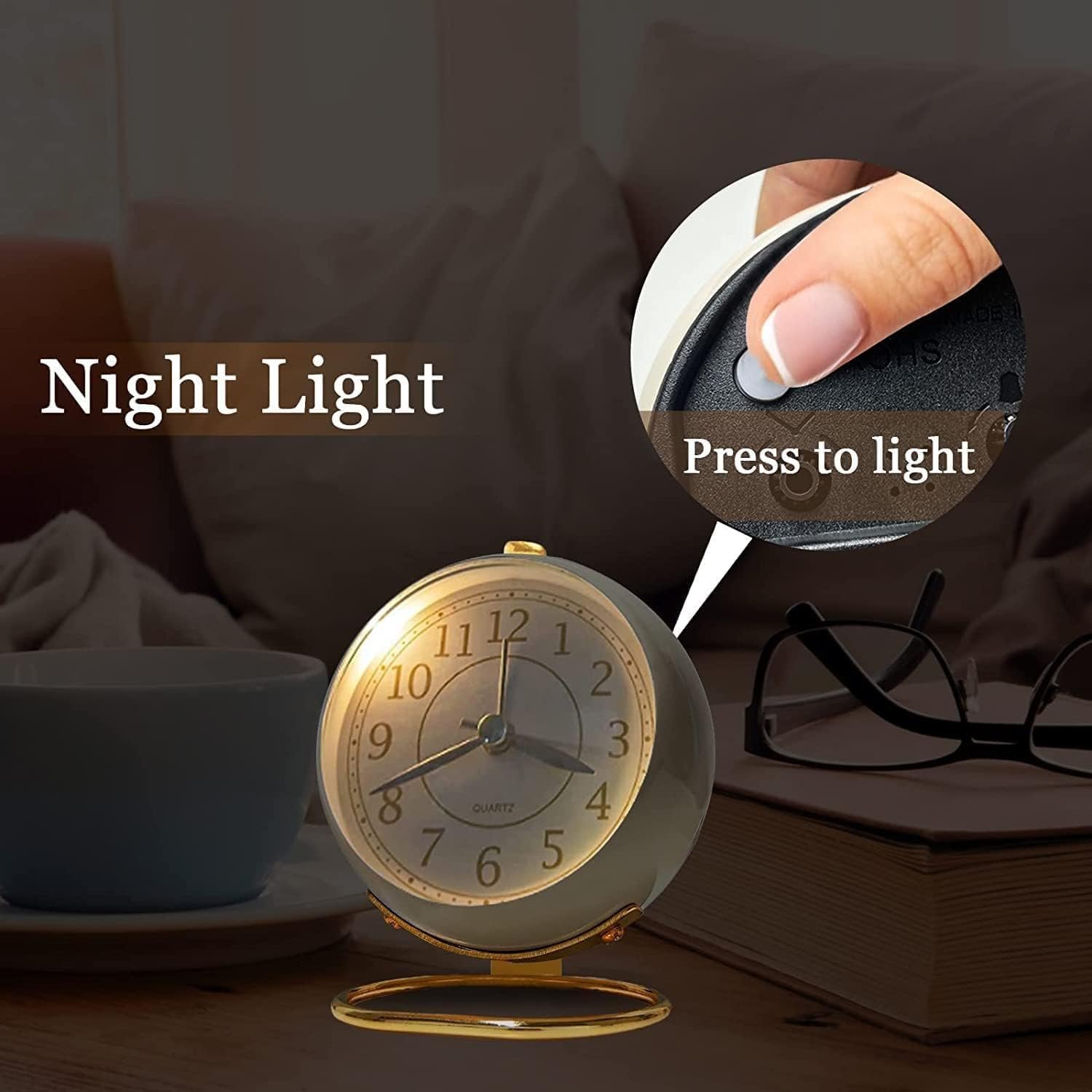 Silent Table Analog Alarm Clock No Ticking, Lighted on Demand and Battery Operated, Beep Sounds, Small Desk Clock (Cream) - Image 4