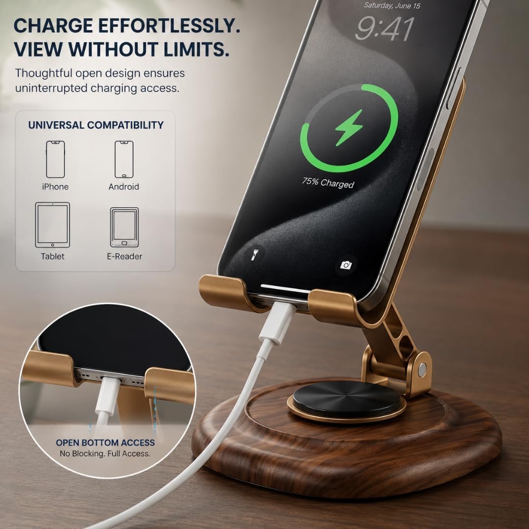 Origin State Luxury 360° Rotating Cell Phone Stand | Adjustable Walnut Wood & Aerospace-Grade Aluminum Desktop Smartphone Holder | Foldable Cradle for Smartphones & Tablets - Image 3