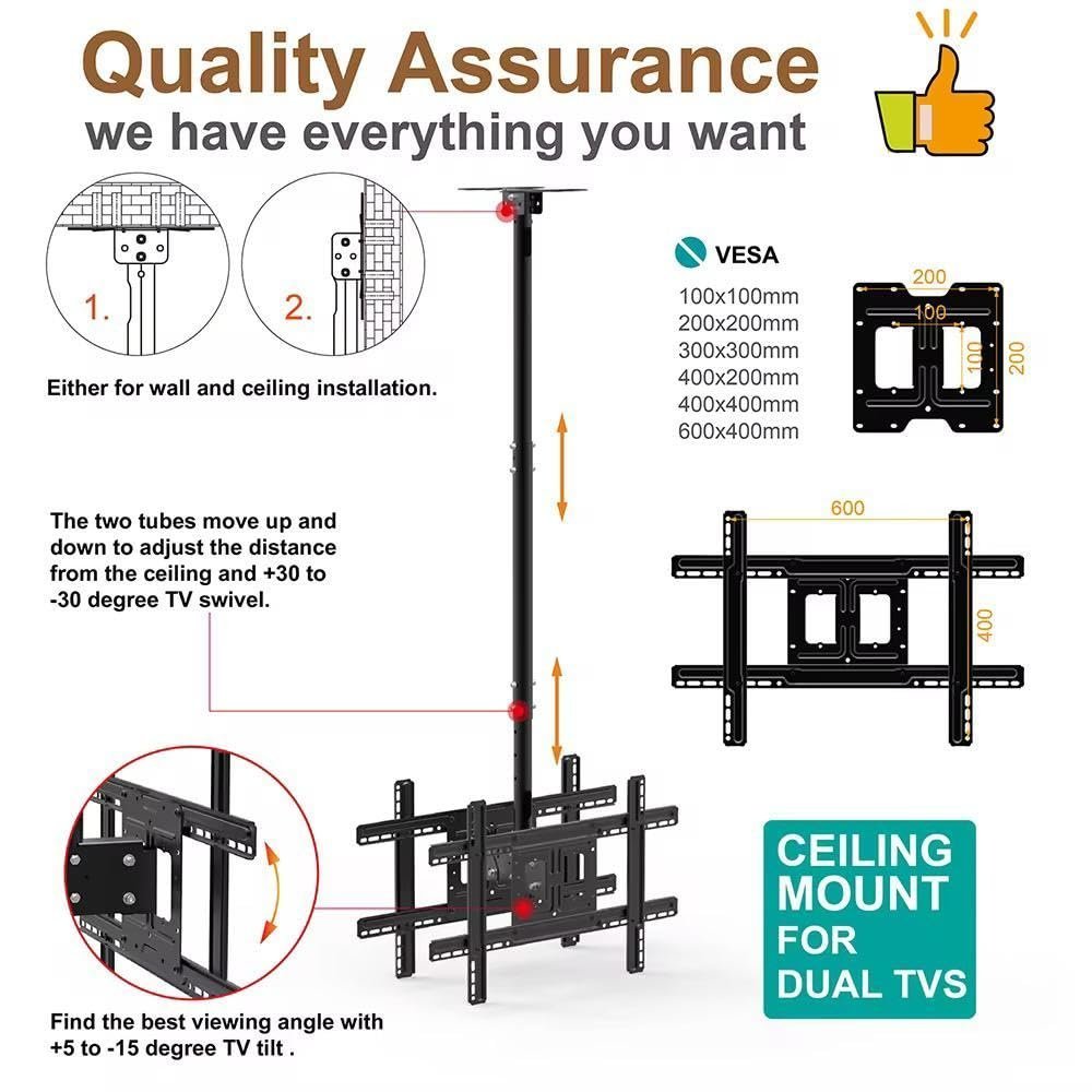 Dual Side Heavy Duty Led TV Ceiling Mount Adjustable Bracket, TV Wall Mount Bracket Fits 32-70 Inch LCD LED 4K TVs, Flat Screen Display, Adjustable Height Telescoping Tilt and Swivel - Image 2