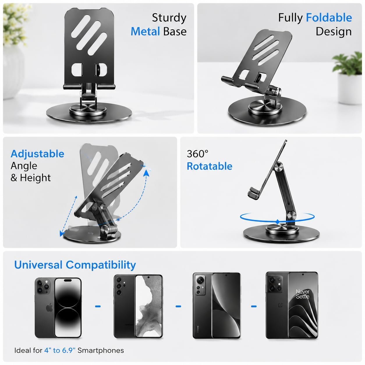 360 Degree Rotating Mobile Stand for Table Adjustable and Foldable Desk Phone Holder with Anti-Slip Base, Universal Phone Stand Compatible with All Smartphones - Image 2