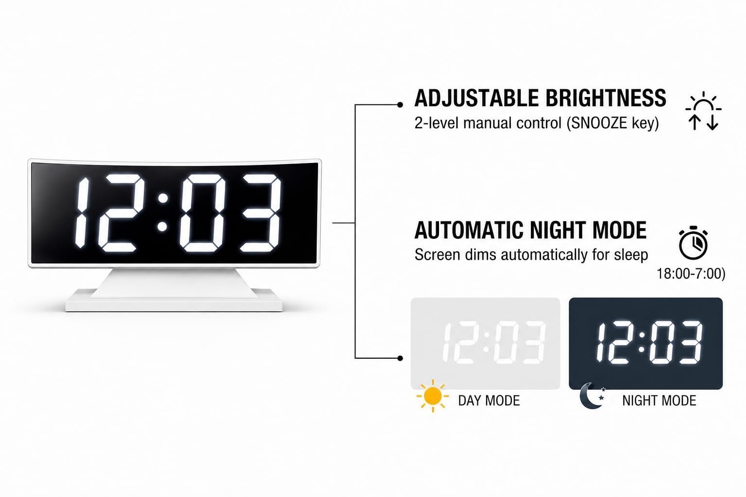 Mirror Faced Curve Screen LED Alarm Clock with Large White Display, Adjustable Brightness, Automatic Night Mode, 12/24H Time Format, Temperature Display, Snooze Function, Memory Power - Image 6