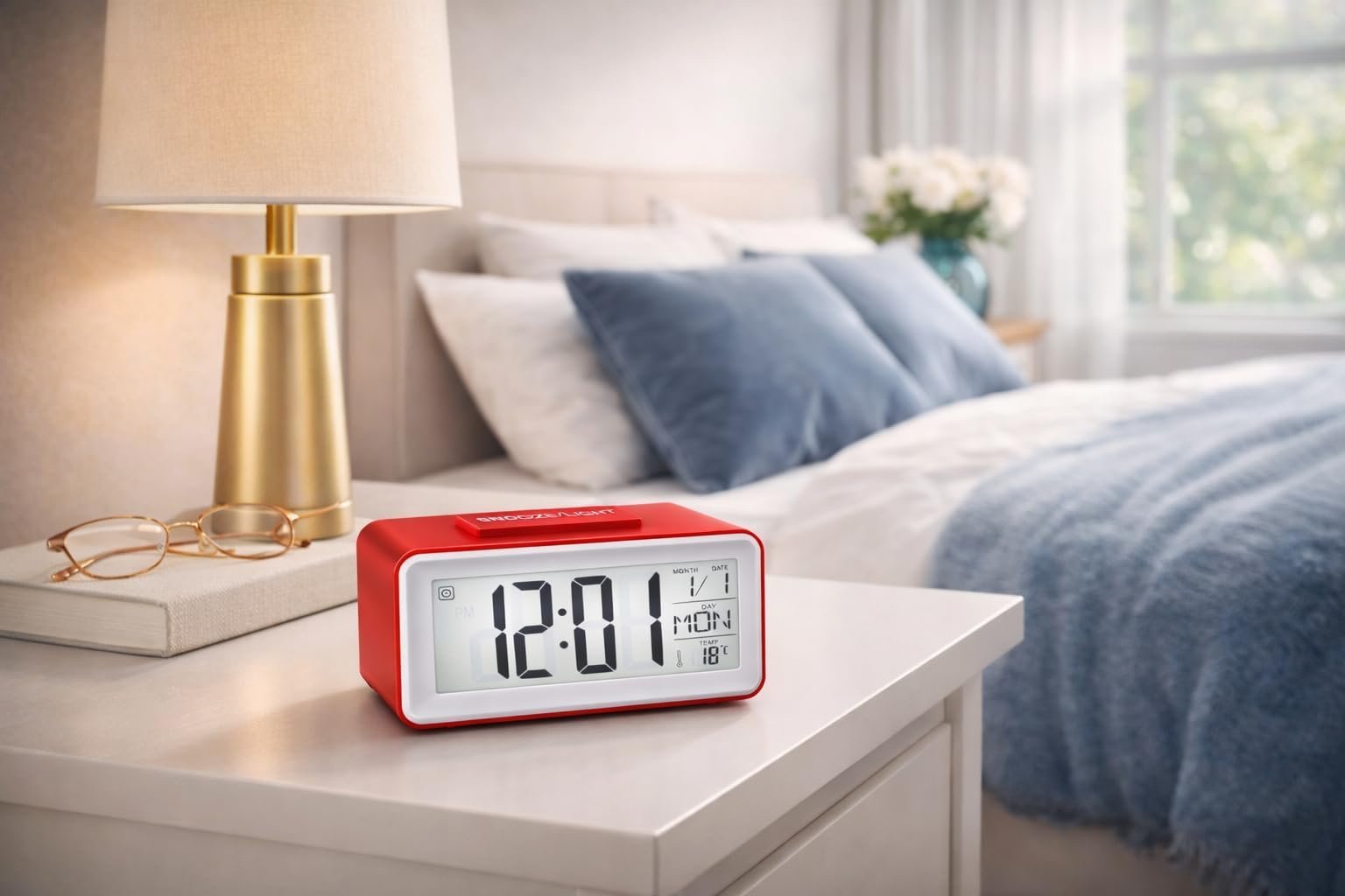Small Portable Red LCD Digital Alarm Clock with Voice Control Back-Light, Temperature Monitor, Calendar, Musical Alarm, Battery Operated for Home, Office, Study Desk & Kitchen - Image 3