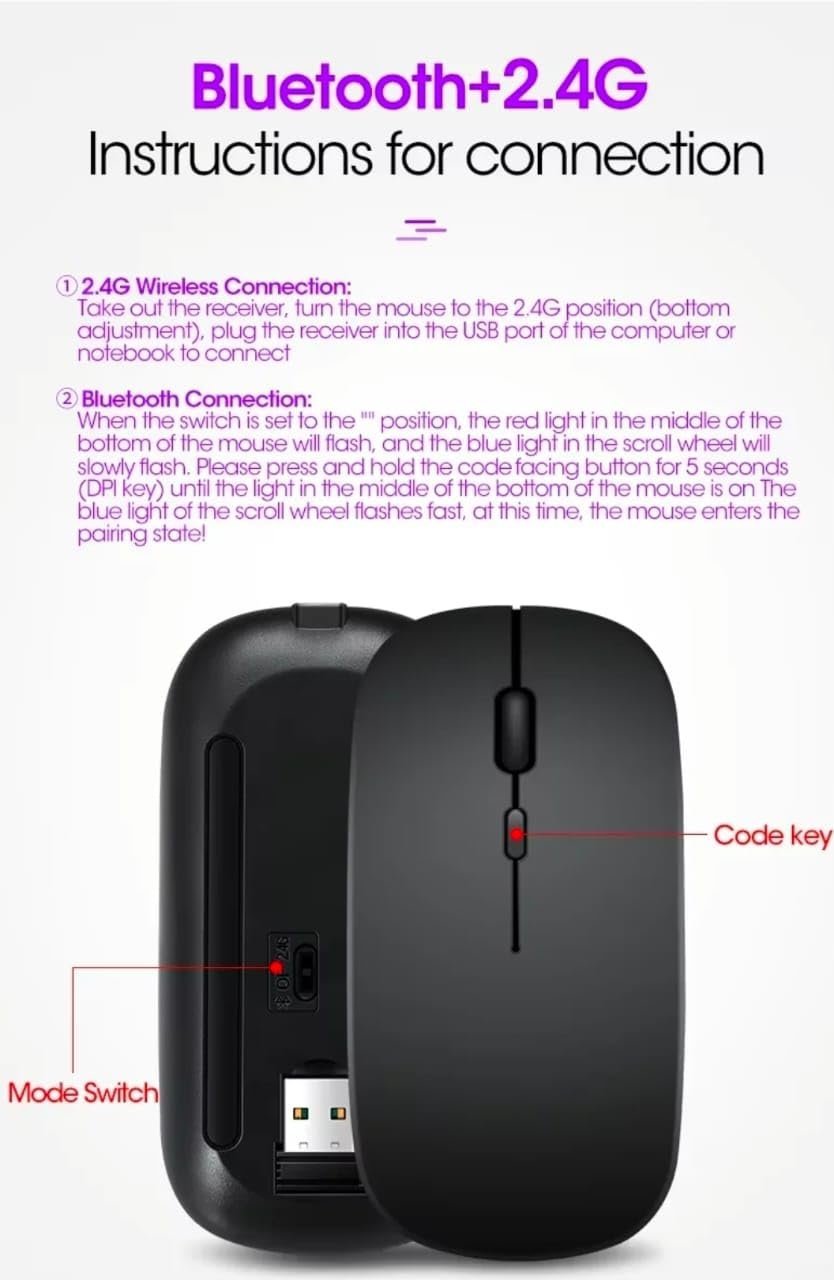 Wireless Mouse, Bluetooth and 2.4G Dual Mode, Rechargeable (Black) - Image 3