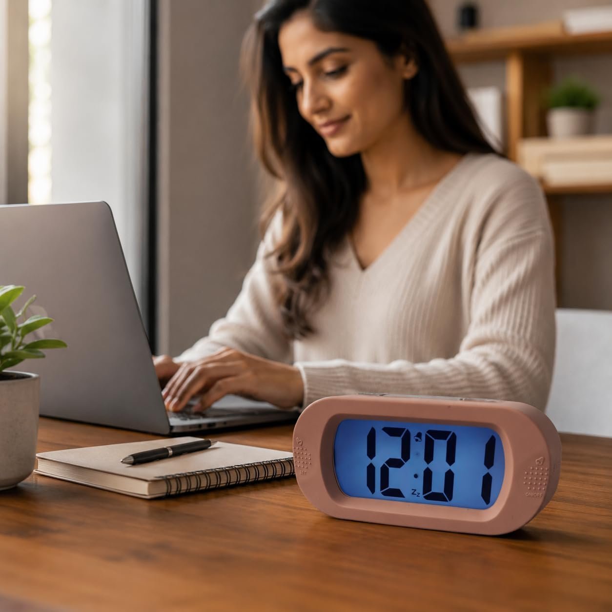 Digital Alarm Clock Large LCD Display with Backlight, Peach - Image 2