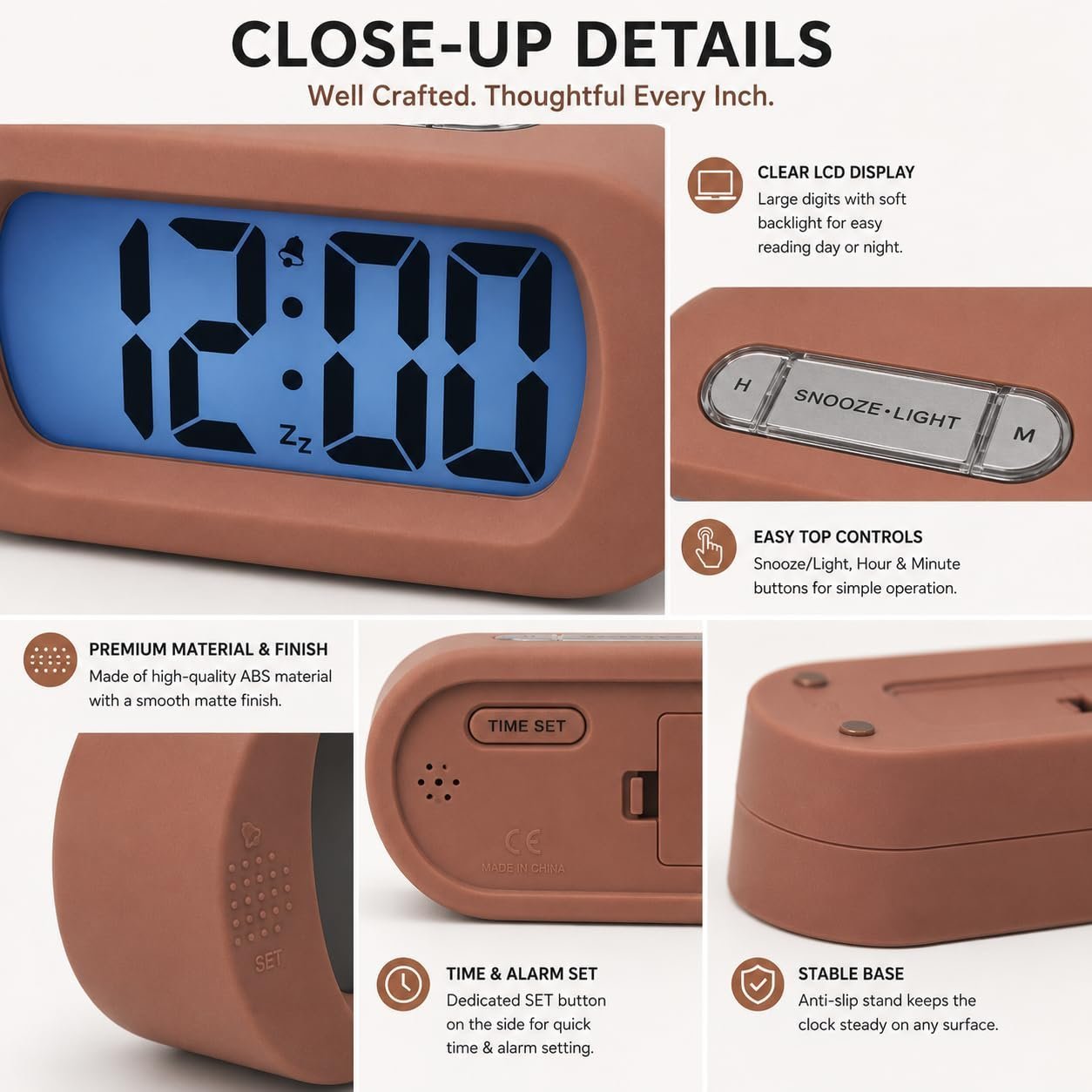 Digital Alarm Clock Large LCD Display with Backlight, Peach - Image 5