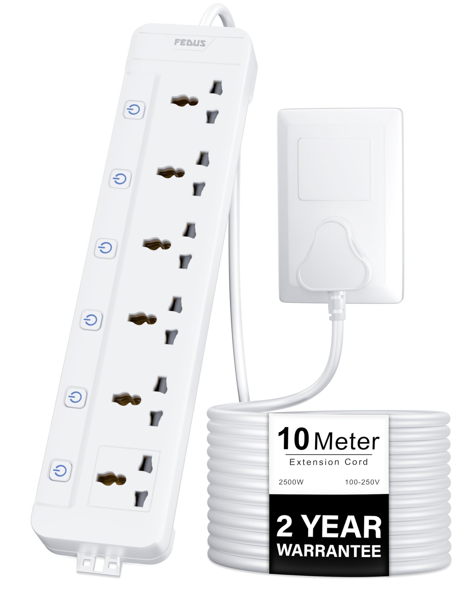 Surge Protector, 6 Universal Sockets with Individual Switch, 10 Meter 32 Feet Long Cable, Extension Board Cord, Automatic Overload Protection, Fireproof Power Strip Switch Board, Spike Guard