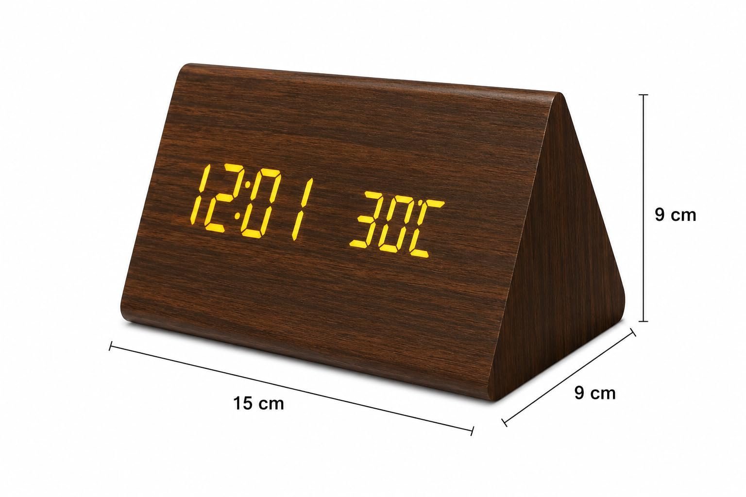 Triangle Digital Alarm Clock with Wooden LED Display, 3 Alarm Settings, Time Date & Temperature, Electronic Bedside Clock for Bedroom, Office & Desk, Brown - Image 5