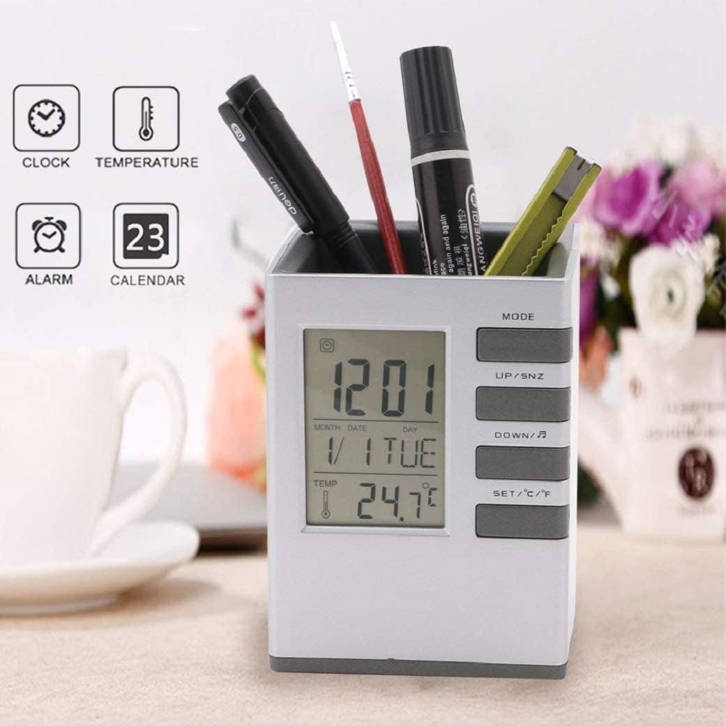 Pen Pencil Holder Stand with Digital Alarm Clock for Home Office Desk Organizer Rack, Stationary Organizers, Multifunction Square Shape Pen Holder. - Image 5