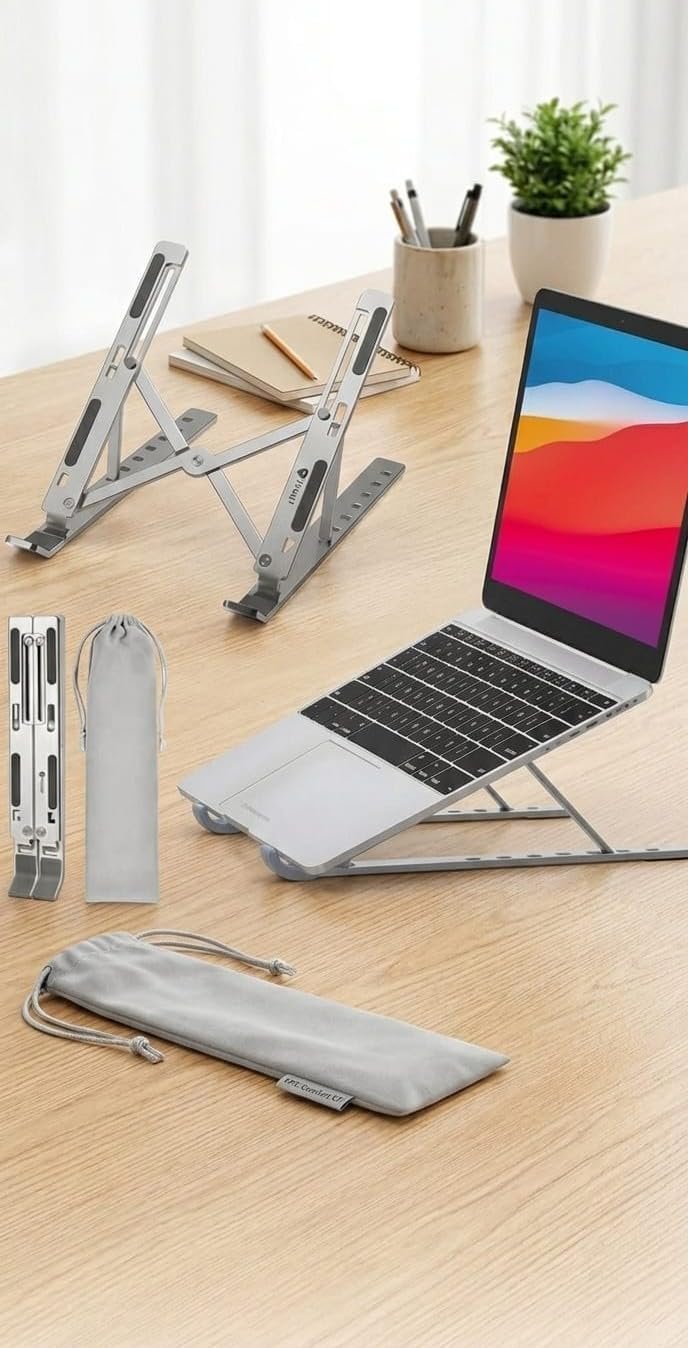 Aluminium Laptop Stand with 7 Different Adjustable Angles, Wide Compatibility, Improved Cooling and Ventilation, and Scratch Protection, Compatible for All Types of Laptop - Image 3