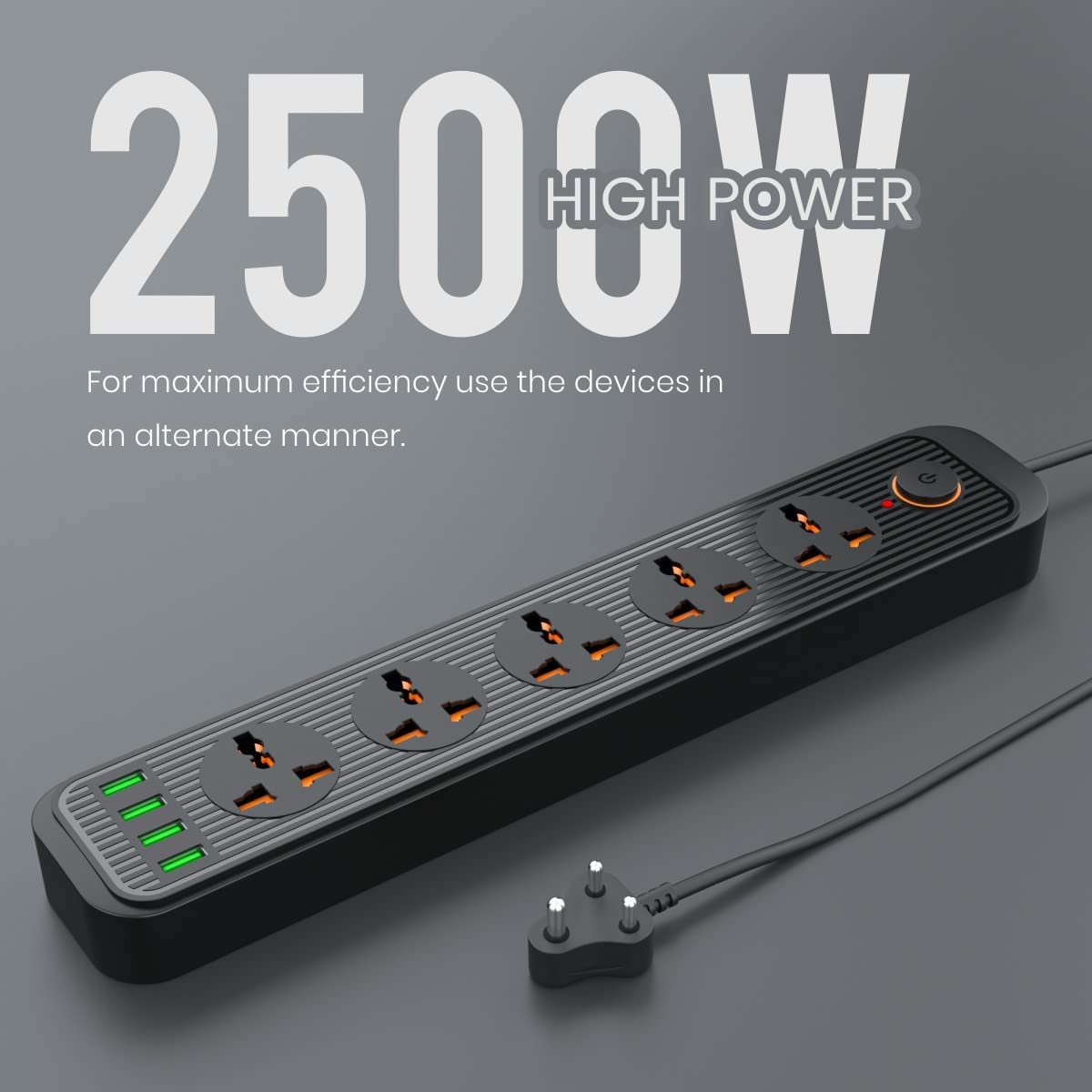 Power Plate 6 with 4 USB Port + 5 Power Sockets Extension Board, 2500W Power Converter, Cord Length 2Mtr (Black) - Image 6