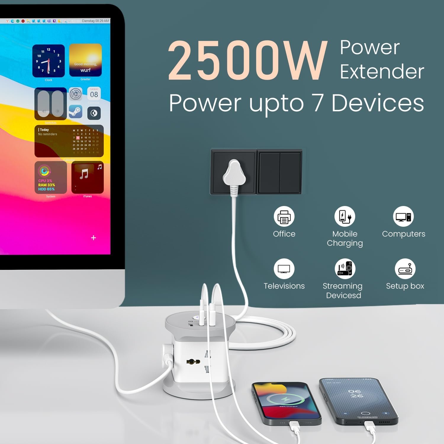 Power Plate 9 Pro, 2500W 7-in-1 Desktop Charging Station with 4X Universal Sockets, 12W USB-A & Type-C Ports, Space-Saving Power Extender, 2M Cord, Power Switch, Child Proof Shutters - Image 7