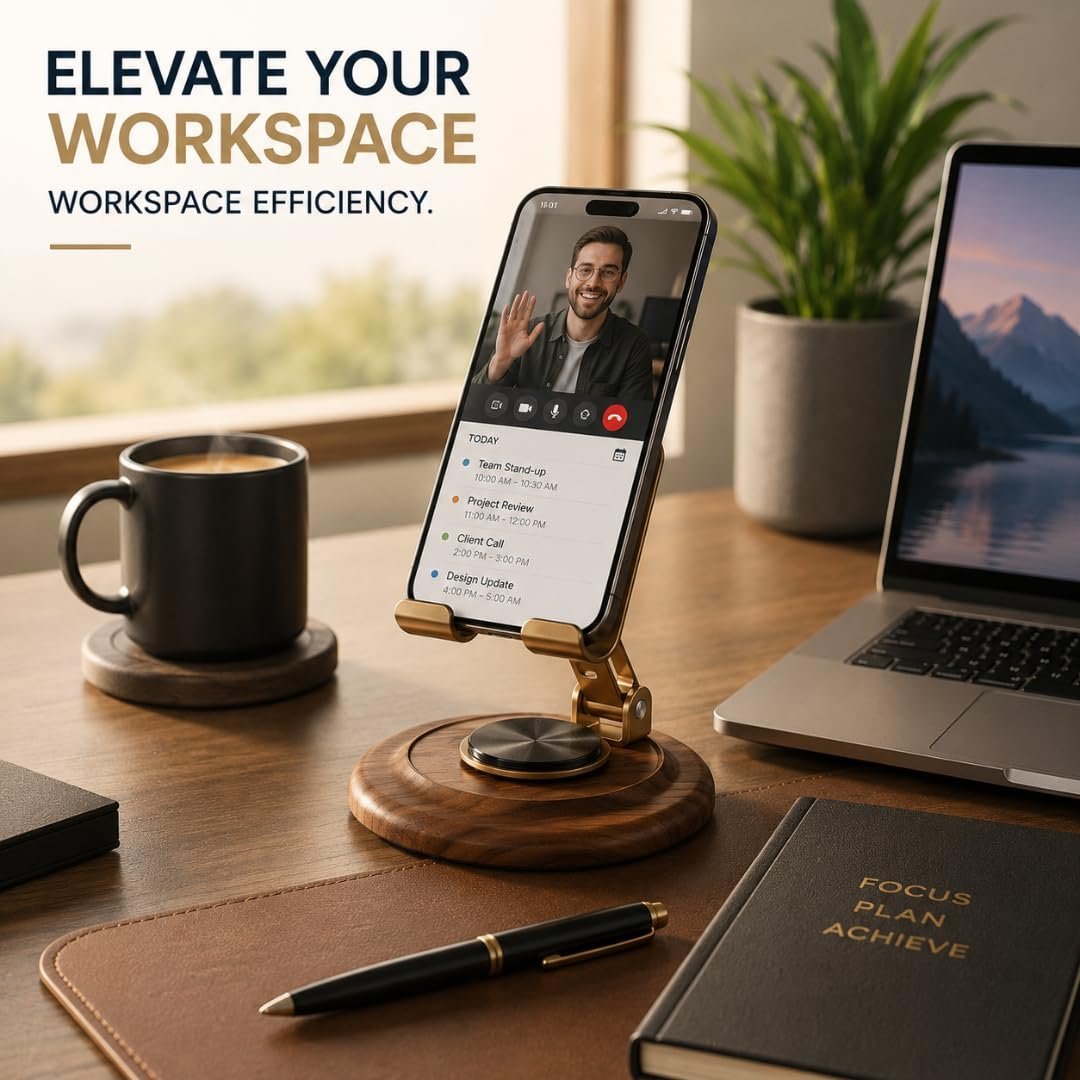 Origin State Luxury 360° Rotating Cell Phone Stand | Adjustable Walnut Wood & Aerospace-Grade Aluminum Desktop Smartphone Holder | Foldable Cradle for Smartphones & Tablets - Image 2