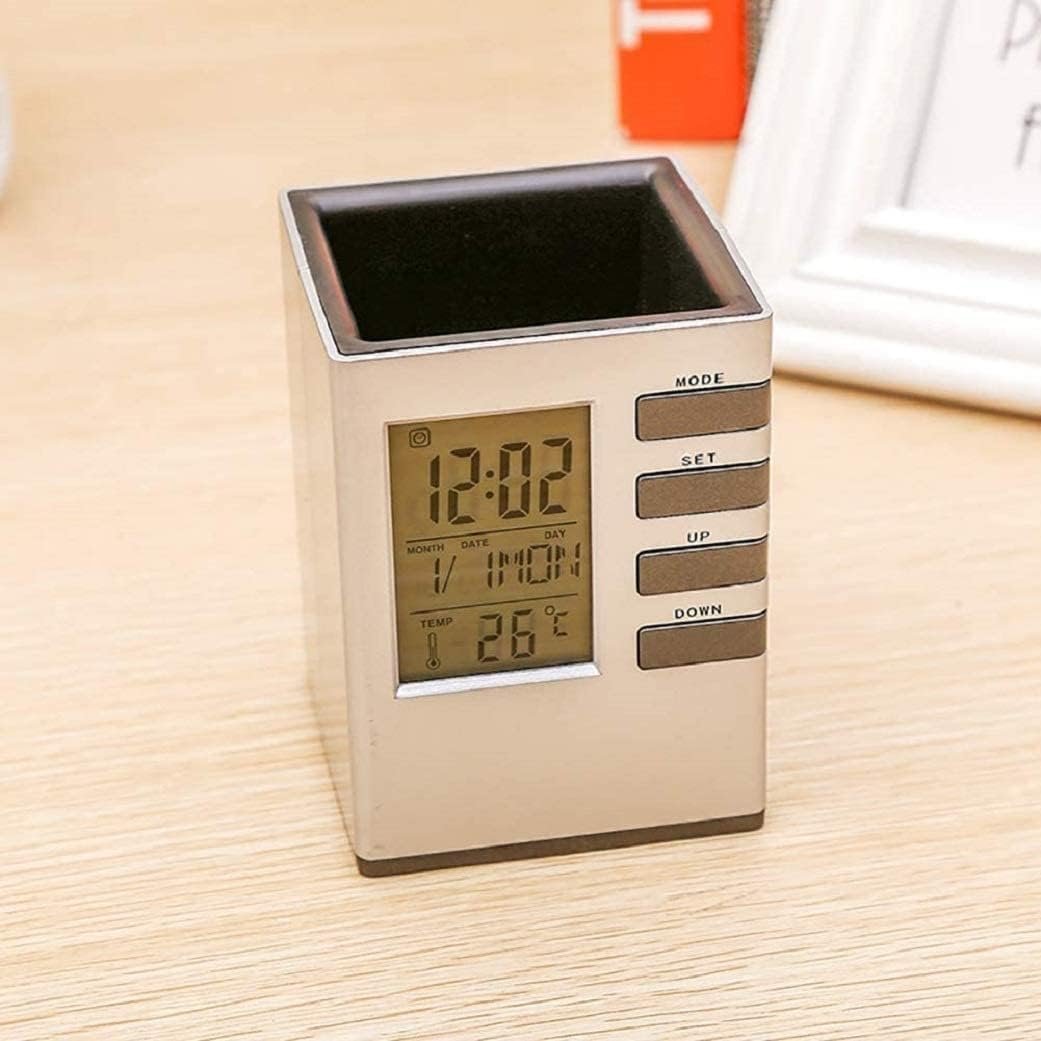 Pen Pencil Holder Stand with Digital Alarm Clock for Home Office Desk Organizer Rack, Stationary Organizers, Multifunction Square Shape Pen Holder. - Image 2