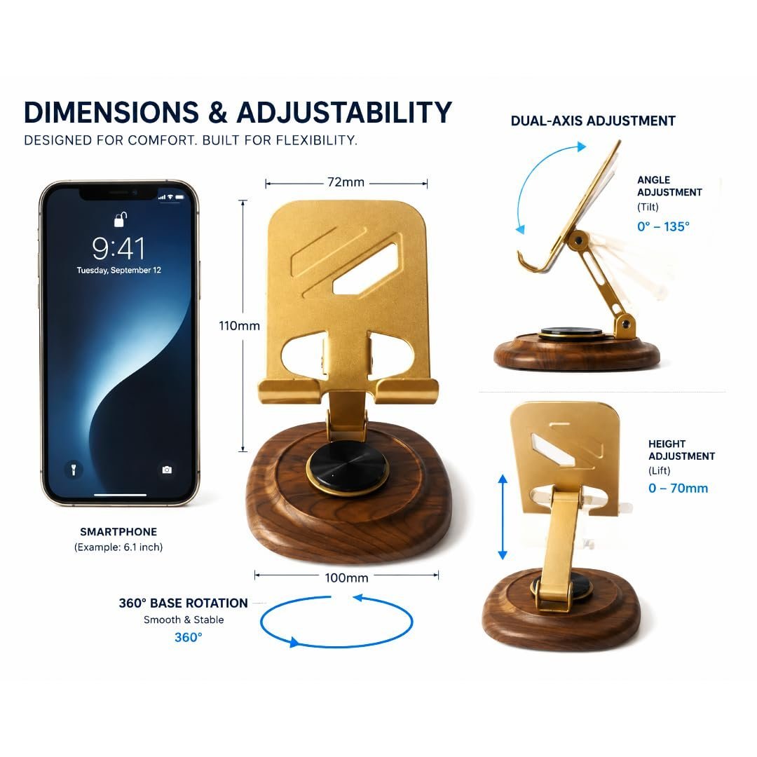 Origin State Luxury 360° Rotating Cell Phone Stand | Adjustable Walnut Wood & Aerospace-Grade Aluminum Desktop Smartphone Holder | Foldable Cradle for Smartphones & Tablets - Image 5