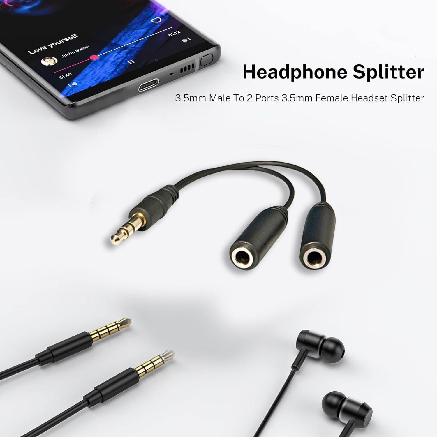 3.5mm Audio Jack Splitter Cable Adapter, Stereo Male to Dual Female Headphone & Mic Y Splitter, AUX Extension Cord for Mobile, Laptop, PC, Tablet – Colors May Vary - Image 3