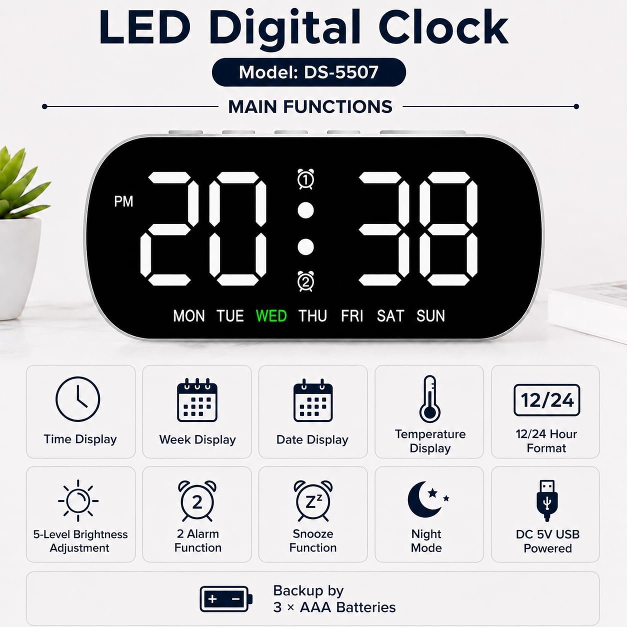 Digital LED Alarm Clock with1 Year Warranty Dual Alarm, Day & Time Display, Large LED Screen, 12/24 Hour Format, Snooze Function, Table Clock for Bedroom, Office, Students & Home Decor