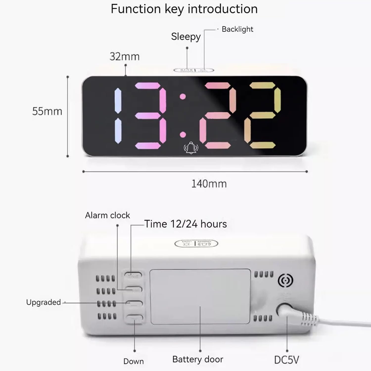 Digital RGB LED Alarm Clock Large Display USB Rechargeable Temperature Snooze Timing Dimmer Function Innovative Multi Colorful Numeric Numbers Table Top Alarm Clock (1-pcs) - Image 3