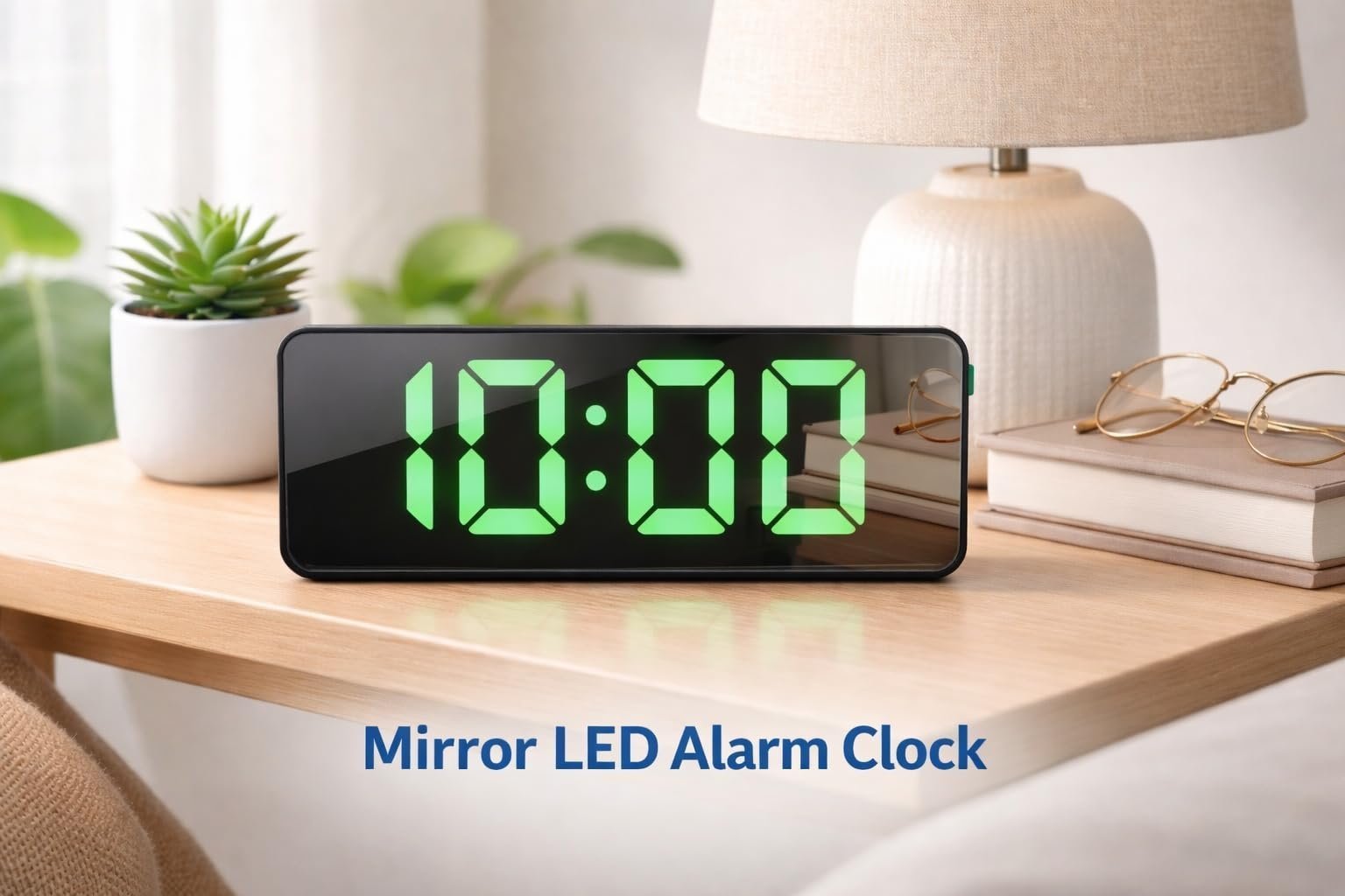 Mirror Surfaced Black LED Alarm Clock with Big Green Digital Numbers, Temperature Display, USB Cable, Snooze Function, Dual Time Format for Home and Office - Image 3