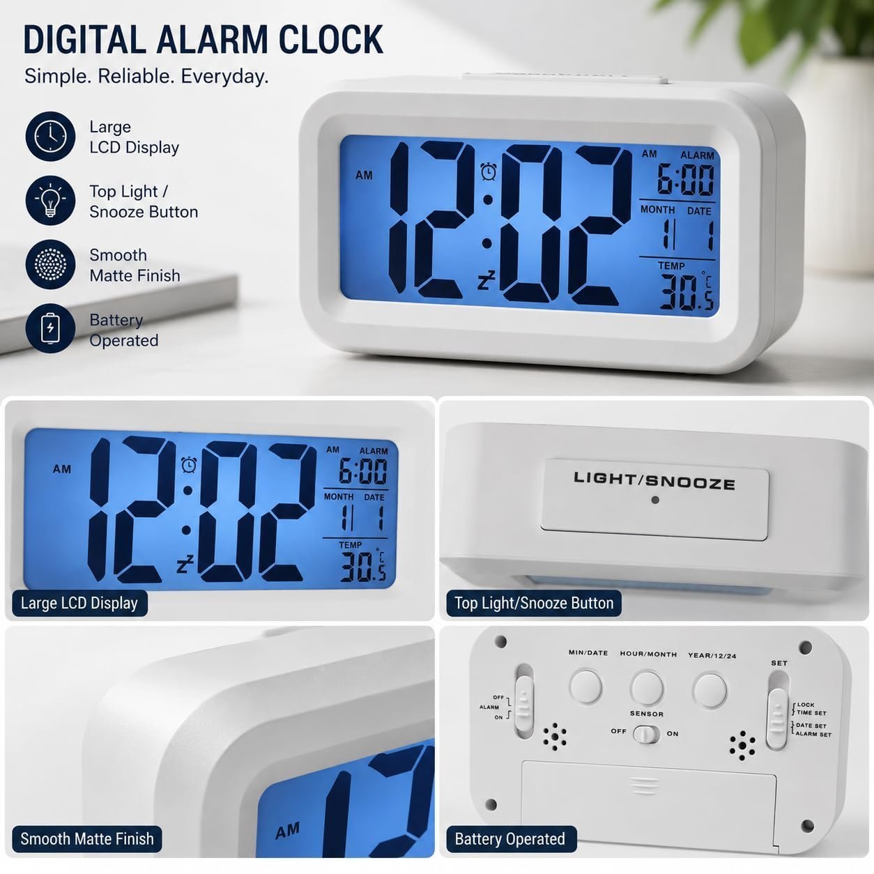 Digital Alarm Clock with Large LCD Display, Blue Backlight, Snooze, - Image 7