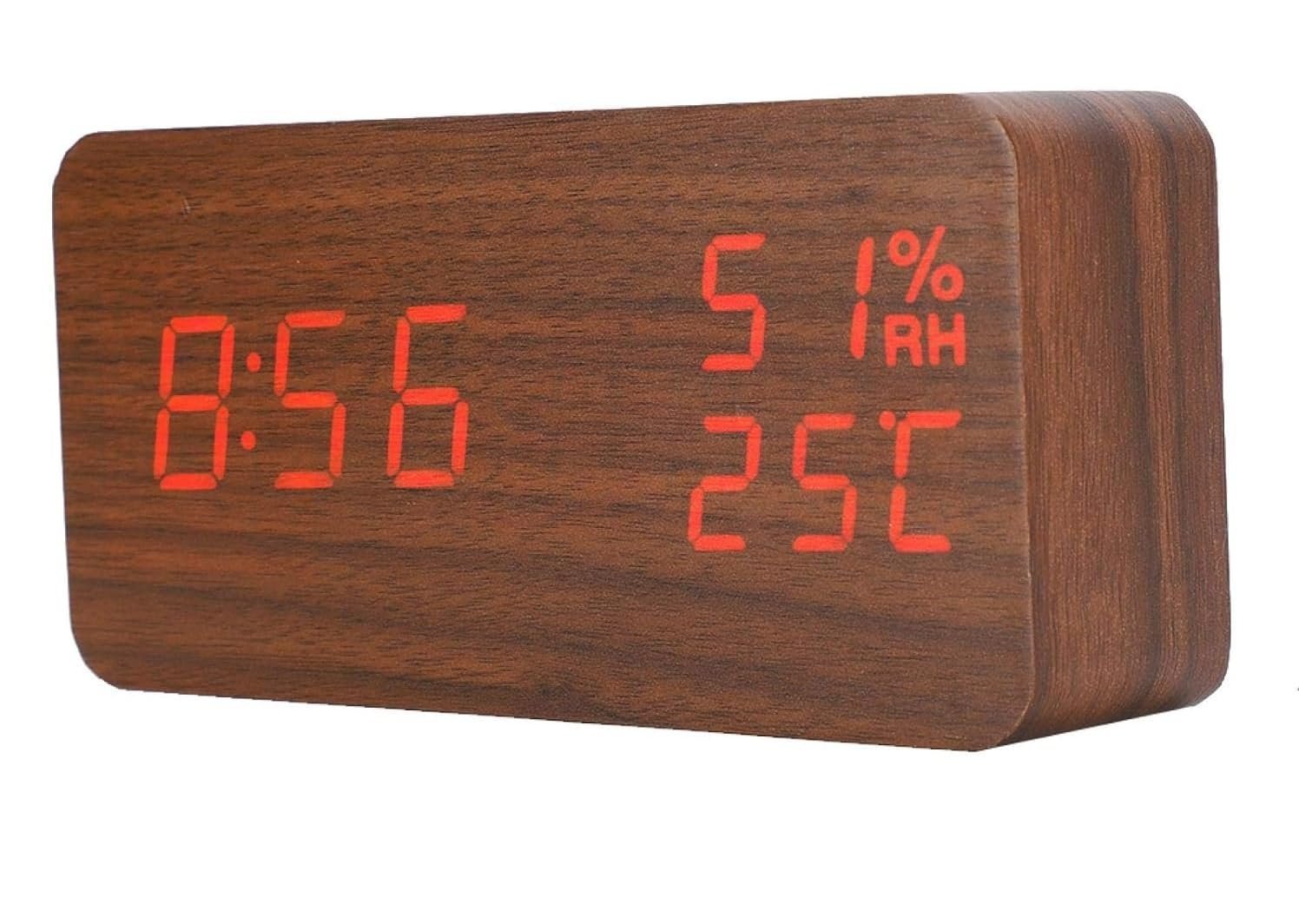 Wooden Digital Alarm Clock with Electronic Led Time Display,Humidity&Temperature Detect for Bedroom,Bedside(Brown, Rectangular)-10 Cm