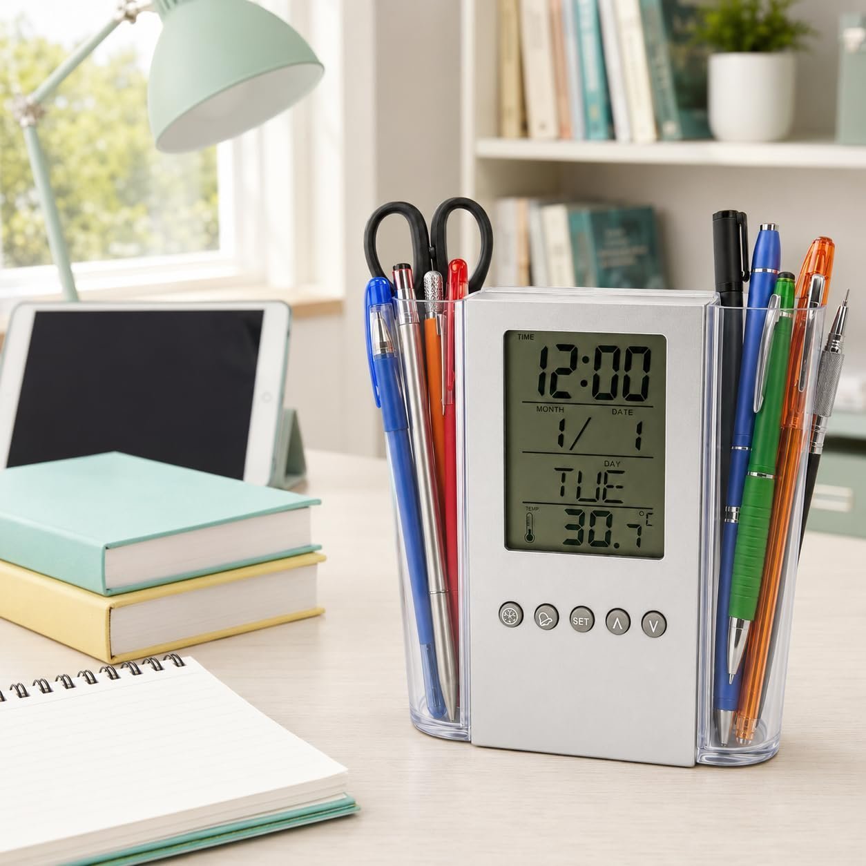 Digital Desk Organiser with LCD Clock, Calendar, Alarm, Silver - Image 2